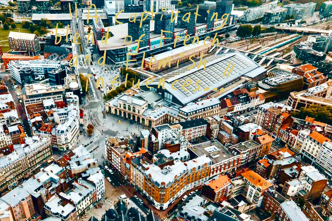 Lille Flanders train station, with Euralille shopping centre and Lille Europe station in the background. Taken from above the Saint Maurice Church. Graffiti overlay featuring a quote from the article: "A captivating blend of French and Flemish influences"