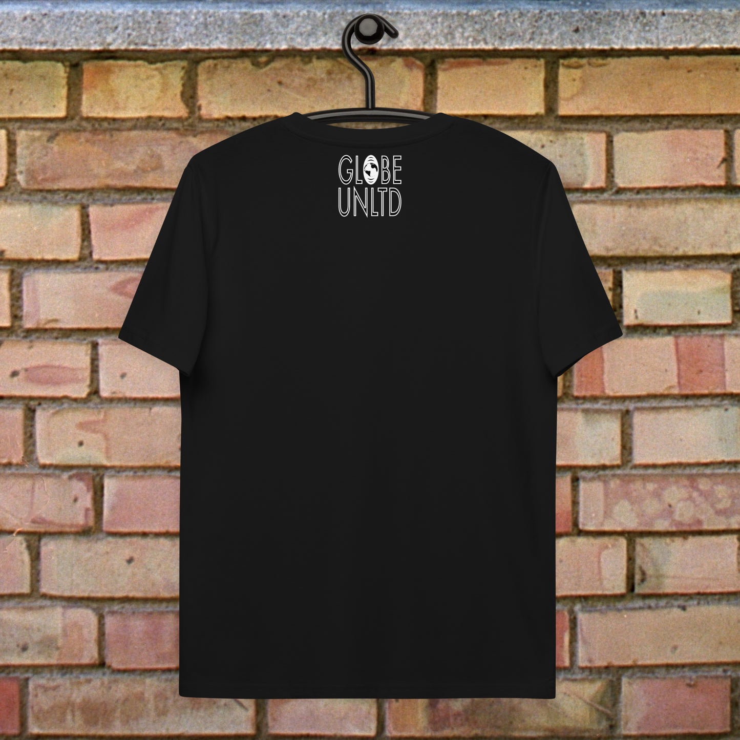Globe UNLTD Barcelona BCN Boarding Card 100% Organic Cotton T-Shirt in Black. Back Facing on Clothes Hanger.