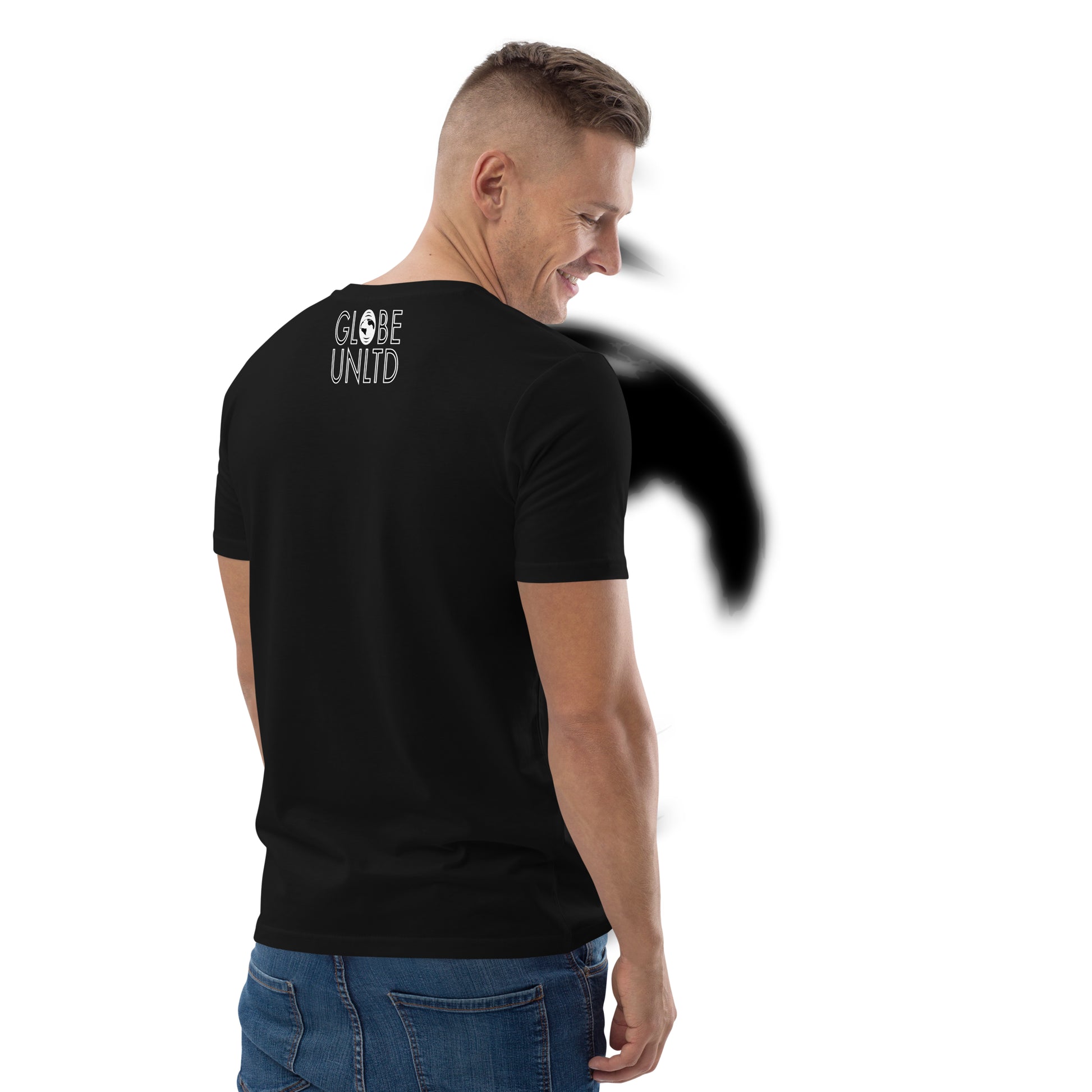 Globe UNLTD Barcelona BCN Boarding Card 100% Organic Cotton T-Shirt in Black. Back Facing on Model.
