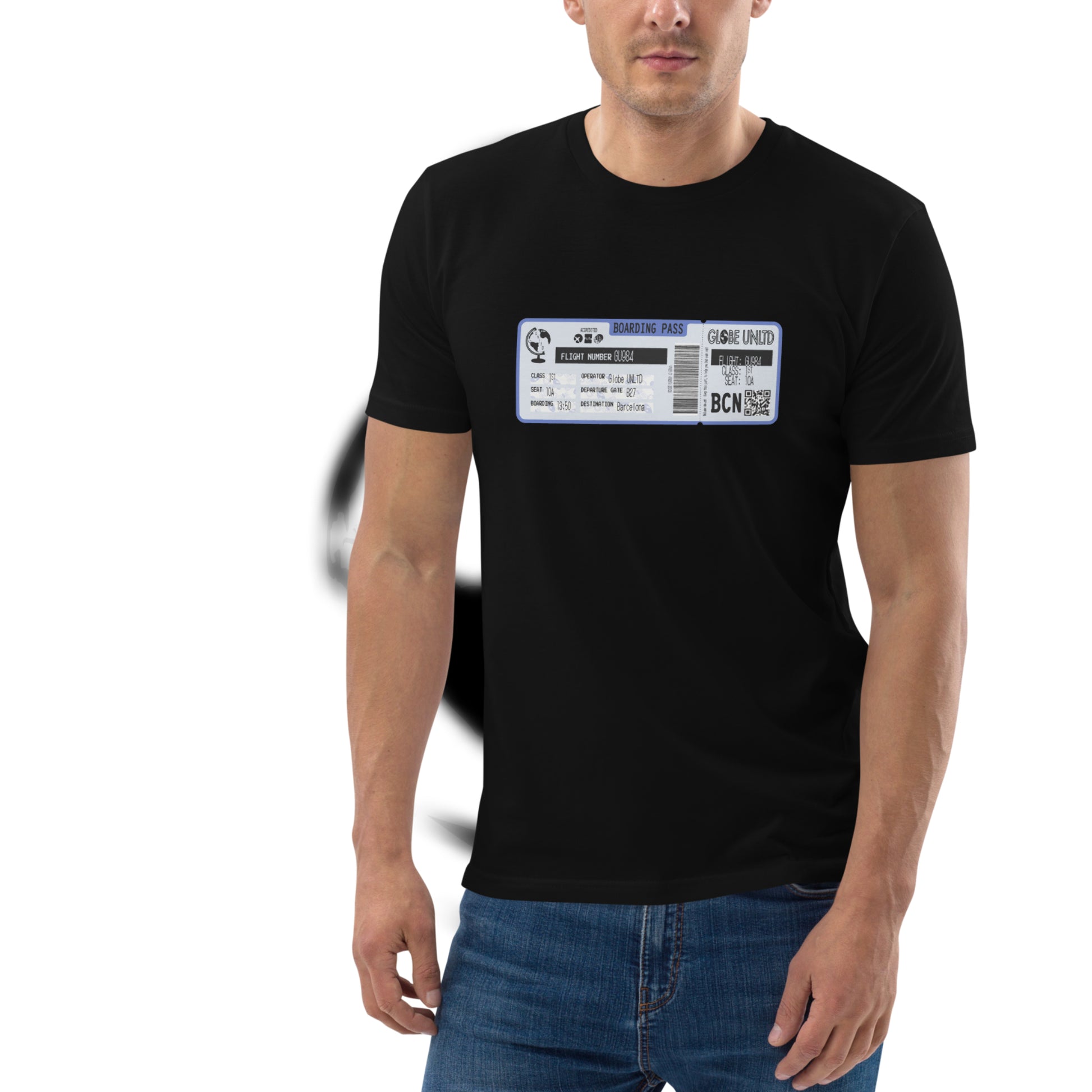 Globe UNLTD Barcelona BCN Boarding Card 100% Organic Cotton T-Shirt in Black. Front Facing on Model.