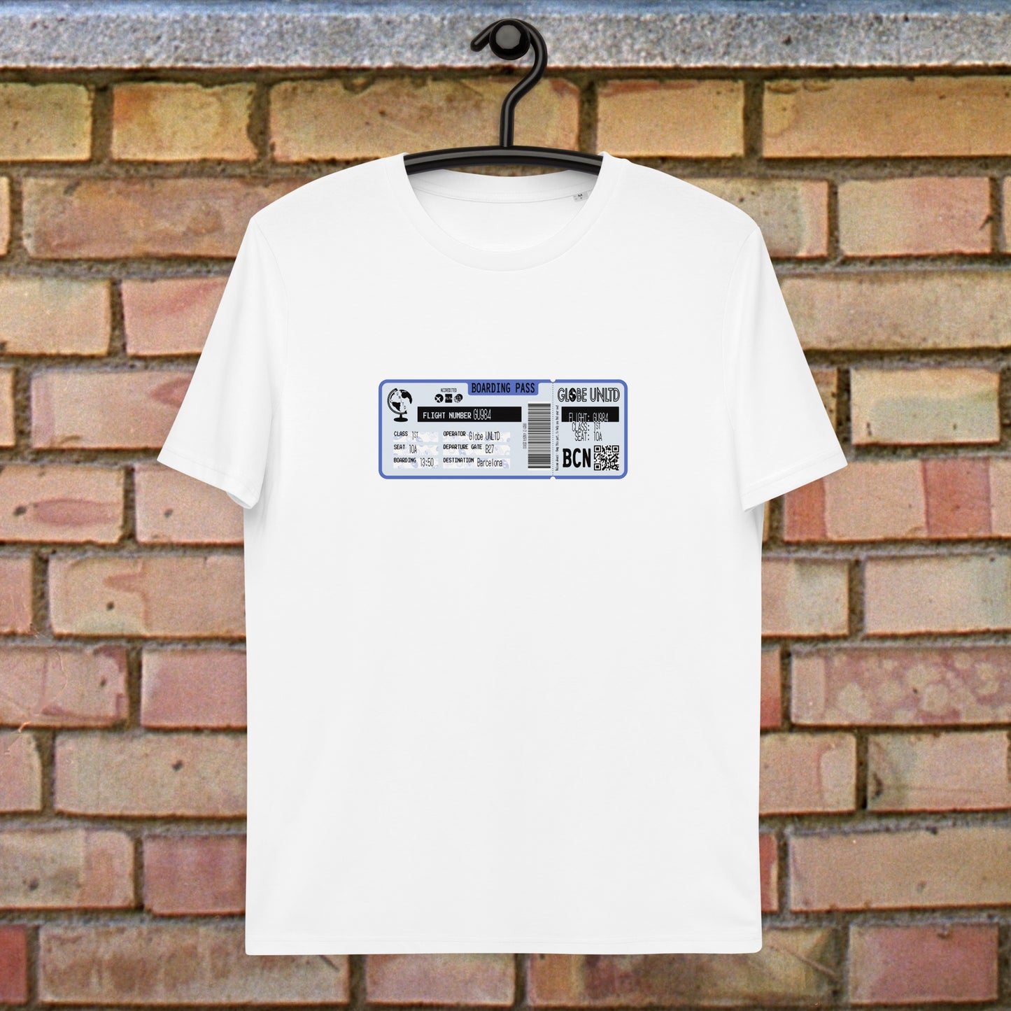 Globe UNLTD Barcelona BCN Boarding Card 100% Organic Cotton T-Shirt in White. Front Facing on Clothes Hanger.
