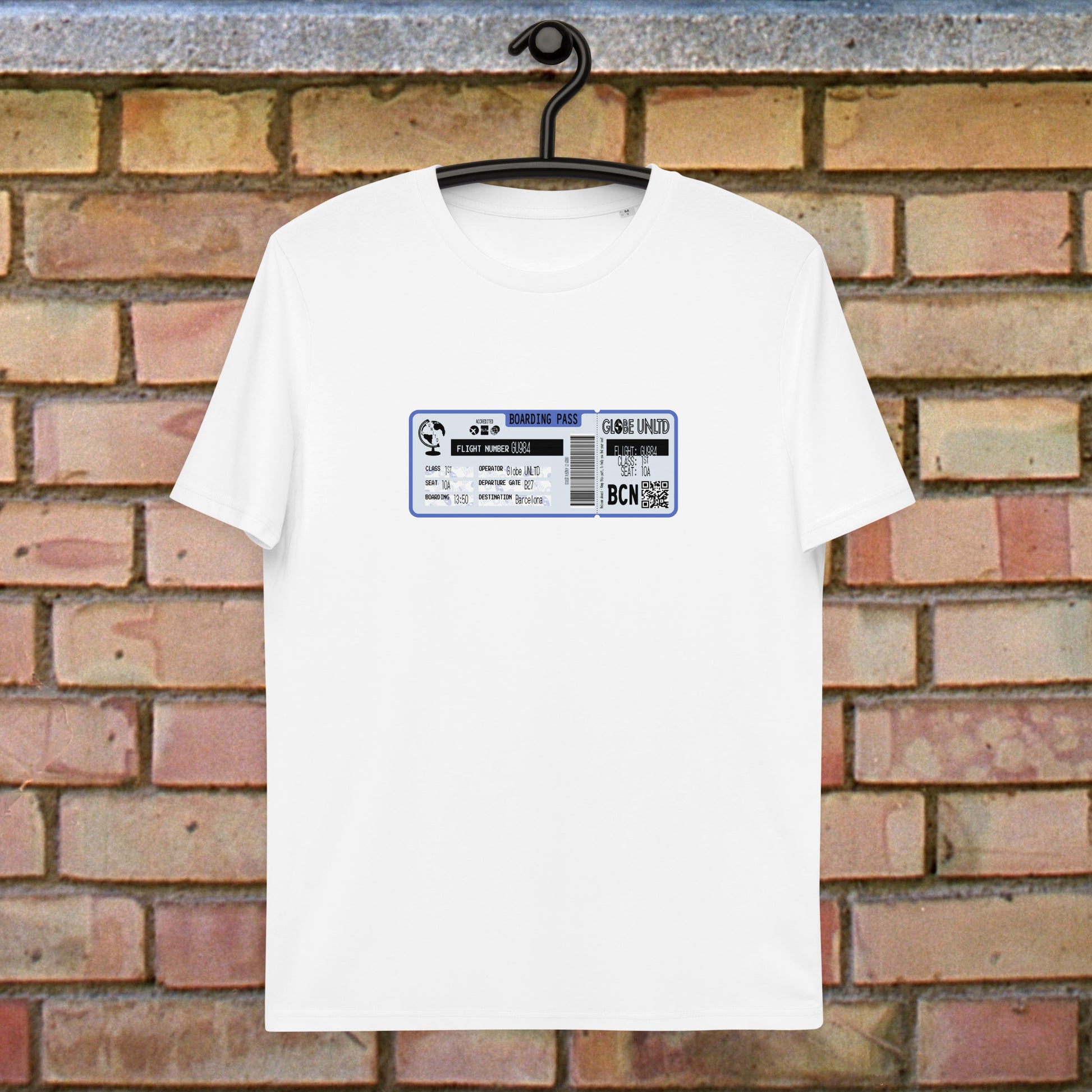 Globe UNLTD Barcelona BCN Boarding Card 100% Organic Cotton T-Shirt in White. Front Facing on Clothes Hanger.