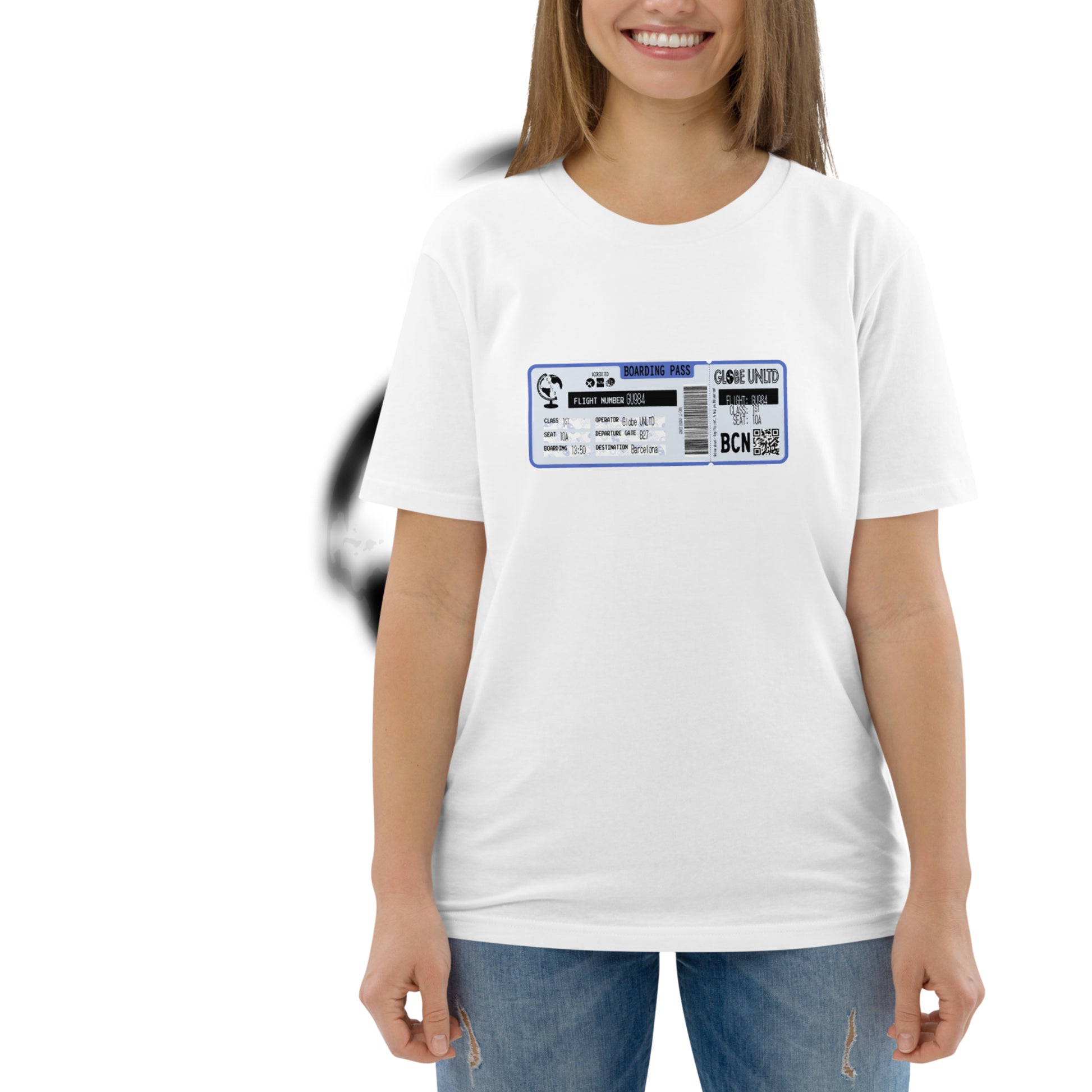 Globe UNLTD Barcelona BCN Boarding Card 100% Organic Cotton T-Shirt in White. Front Facing on Model.