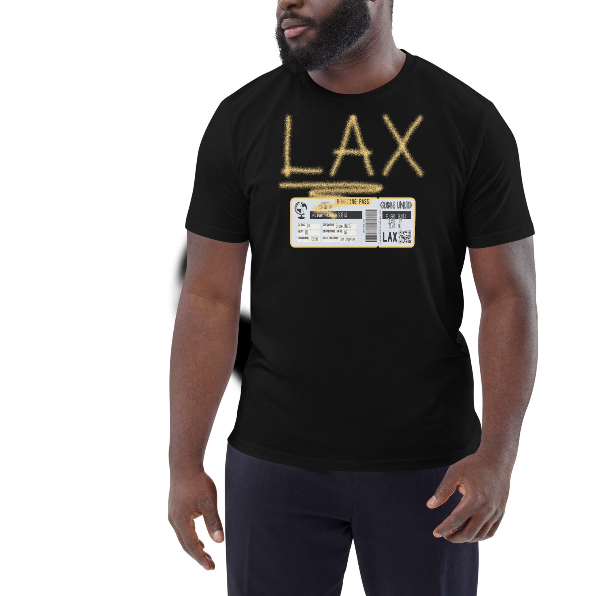 Globe UNLTD Los Angeles LAX Graffiti 100% Organic Cotton T-Shirt in Black. Front Facing on Model.