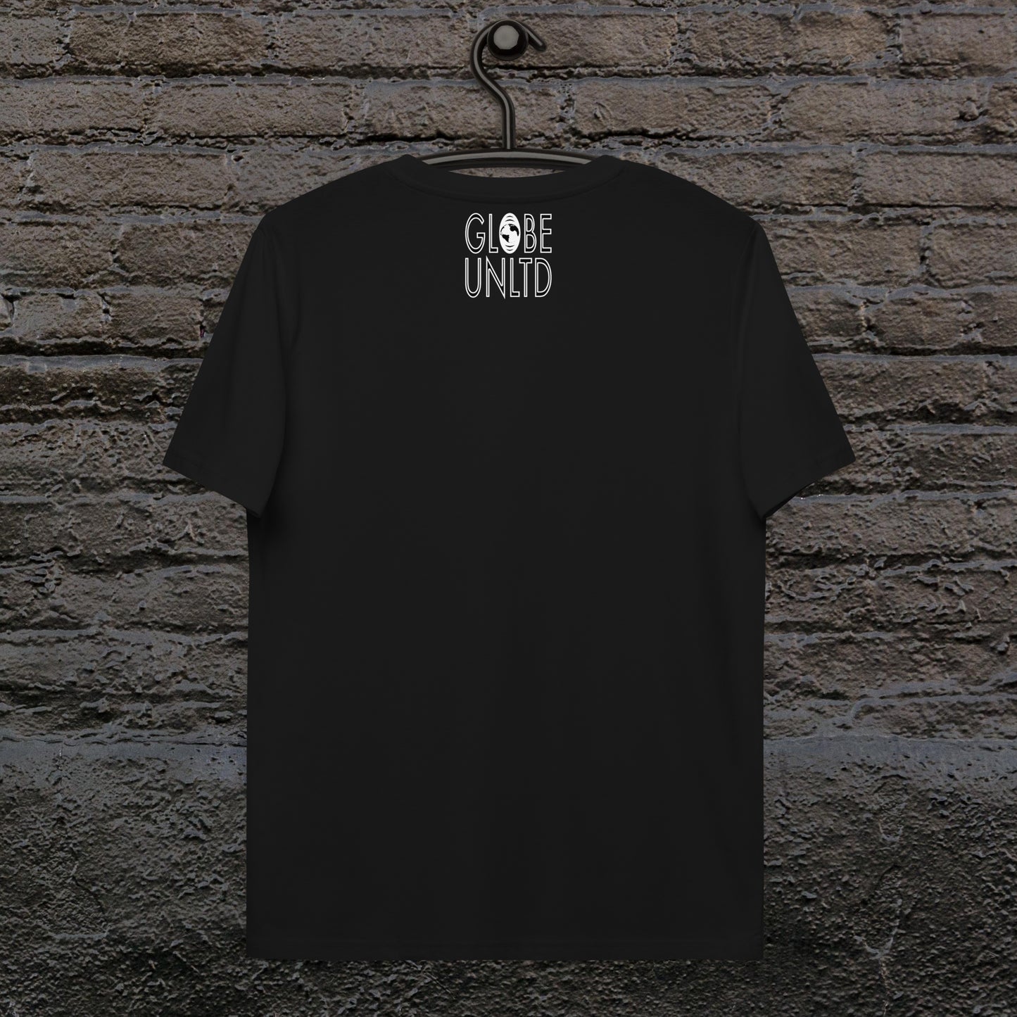 Globe UNLTD Los Angeles LAX Graffiti 100% Organic Cotton T-Shirt in Black. Back Facing on Clothes Hanger.