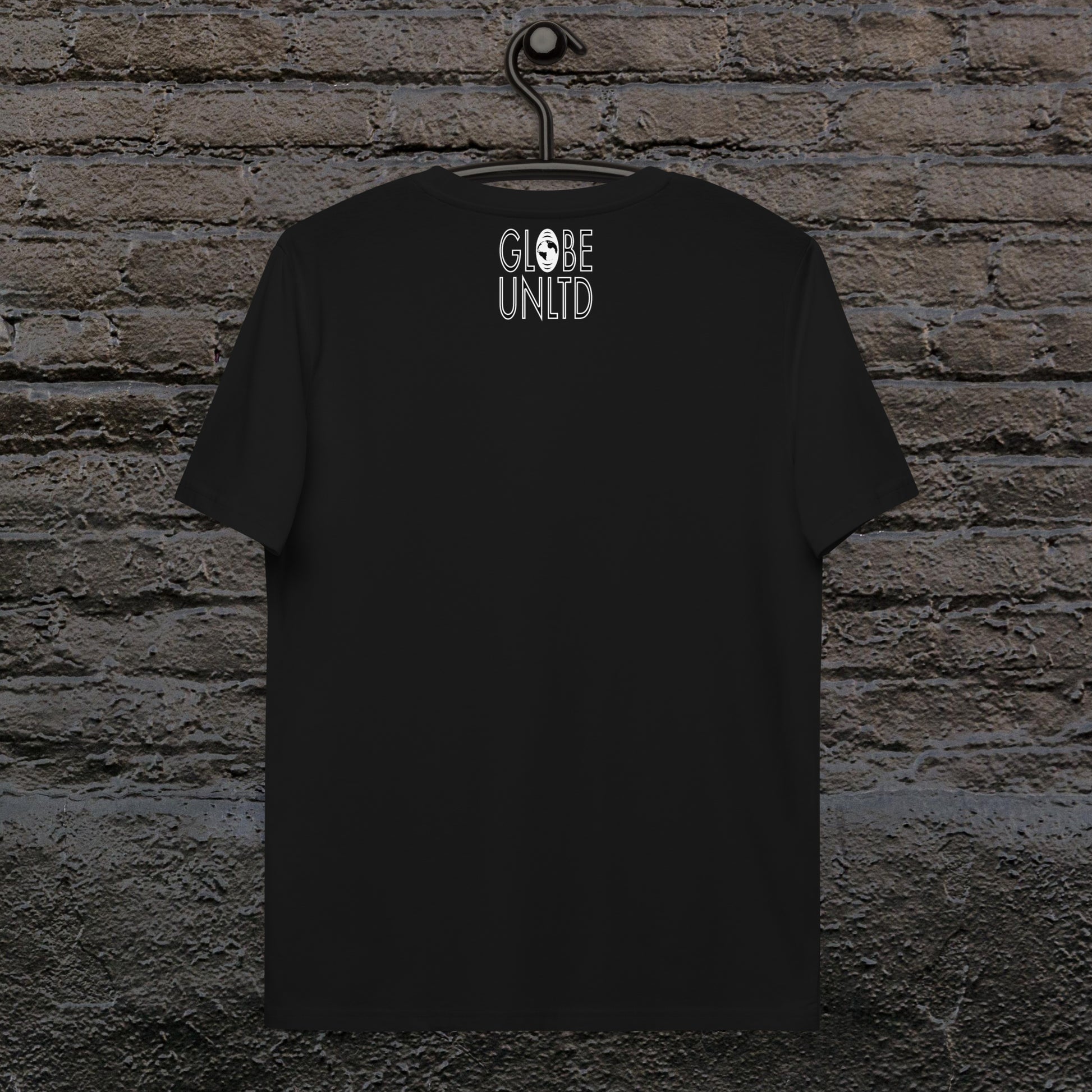 Globe UNLTD Los Angeles LAX Graffiti 100% Organic Cotton T-Shirt in Black. Back Facing on Clothes Hanger.