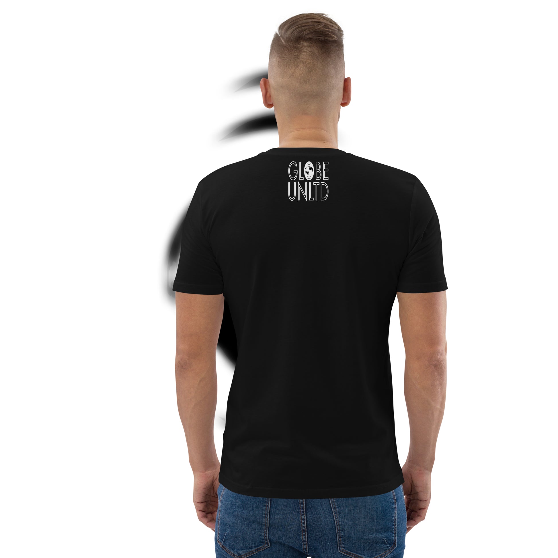 Globe UNLTD Los Angeles LAX Boarding Card 100% Organic Cotton T-Shirt in Black. Back Facing on Model.