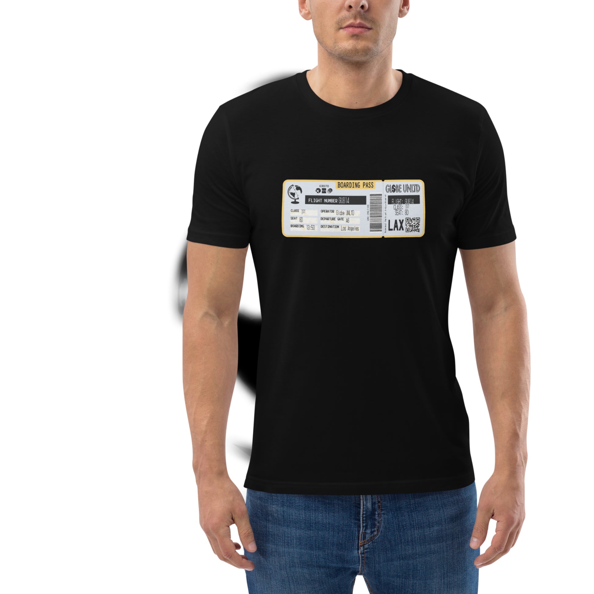 Globe UNLTD Los Angeles LAX Boarding Card 100% Organic Cotton T-Shirt in Black. Front Facing on Model.