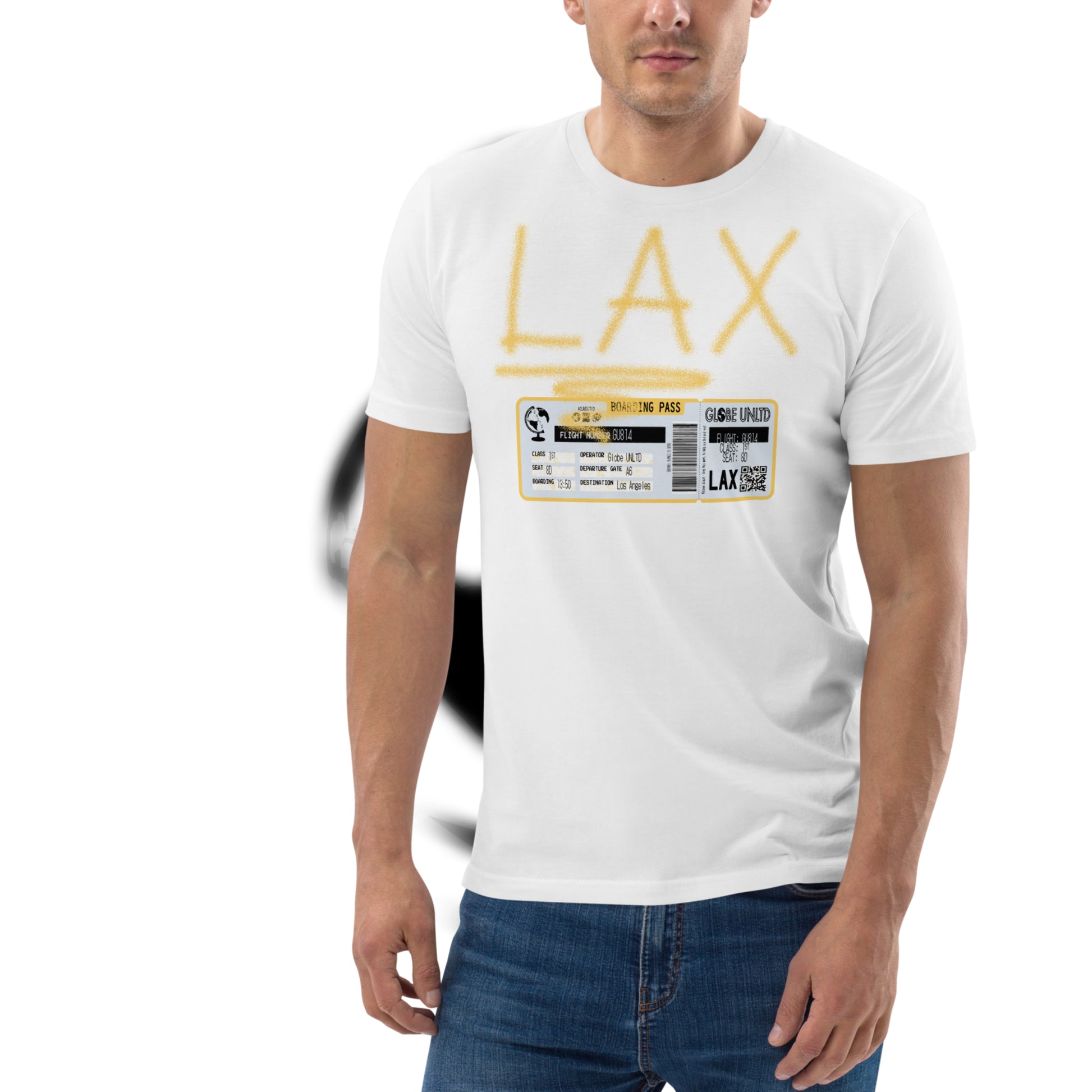 Globe UNLTD Los Angeles LAX Graffiti 100% Organic Cotton T-Shirt in White. Front Facing on Model.