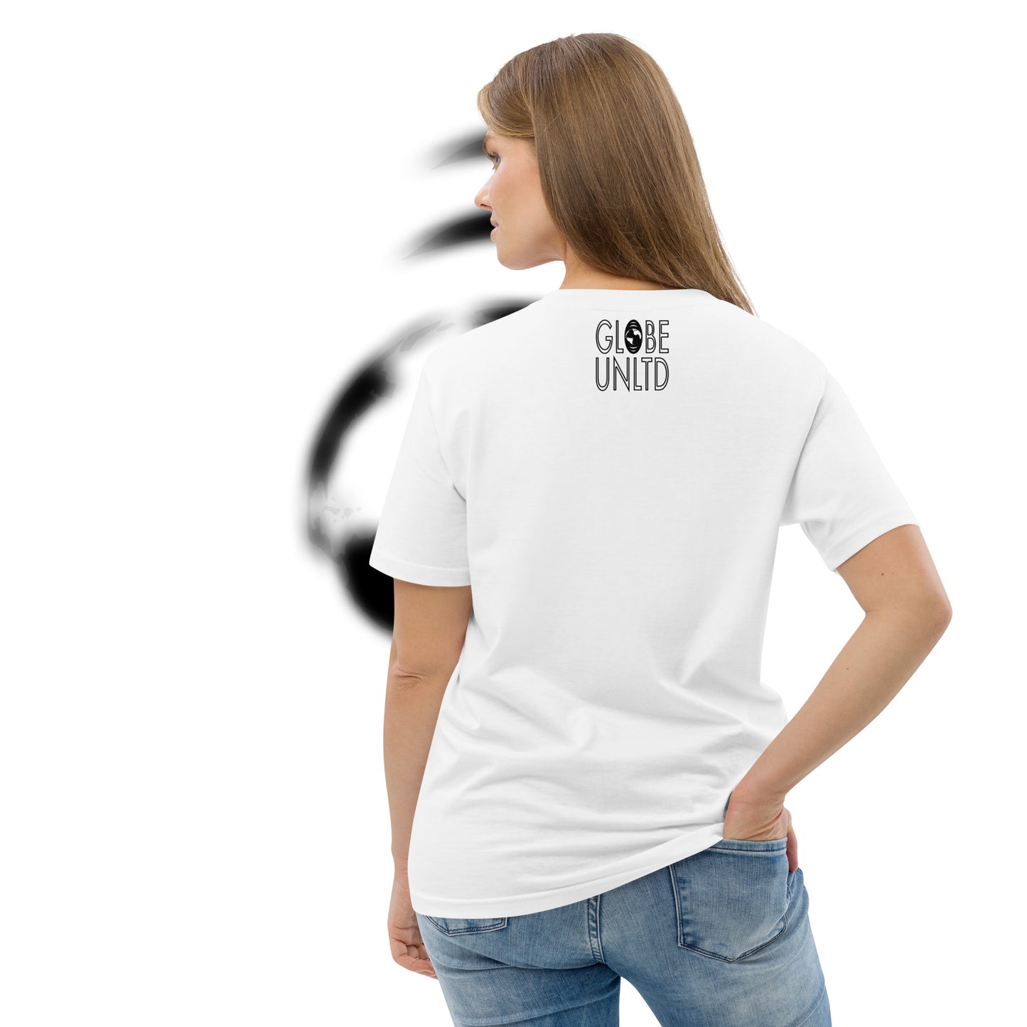Globe UNLTD Los Angeles LAX Boarding Card 100% Organic Cotton T-Shirt in White. Back Facing on Model.