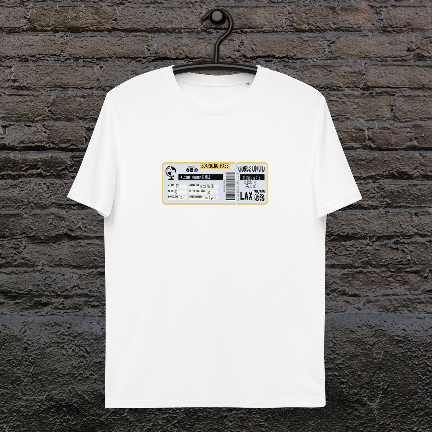 Globe UNLTD Los Angeles LAX Boarding Card 100% Organic Cotton T-Shirt in White. Front Facing on Clothes Hanger.