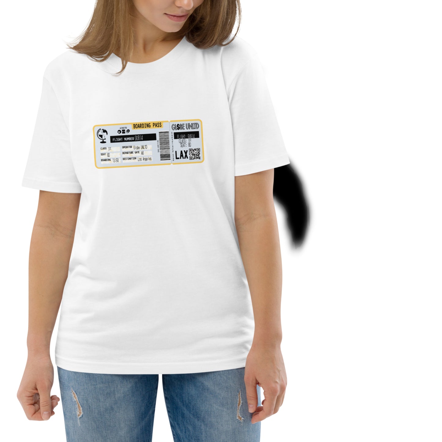 Globe UNLTD Los Angeles LAX Boarding Card 100% Organic Cotton T-Shirt in White. Front Facing on Model.