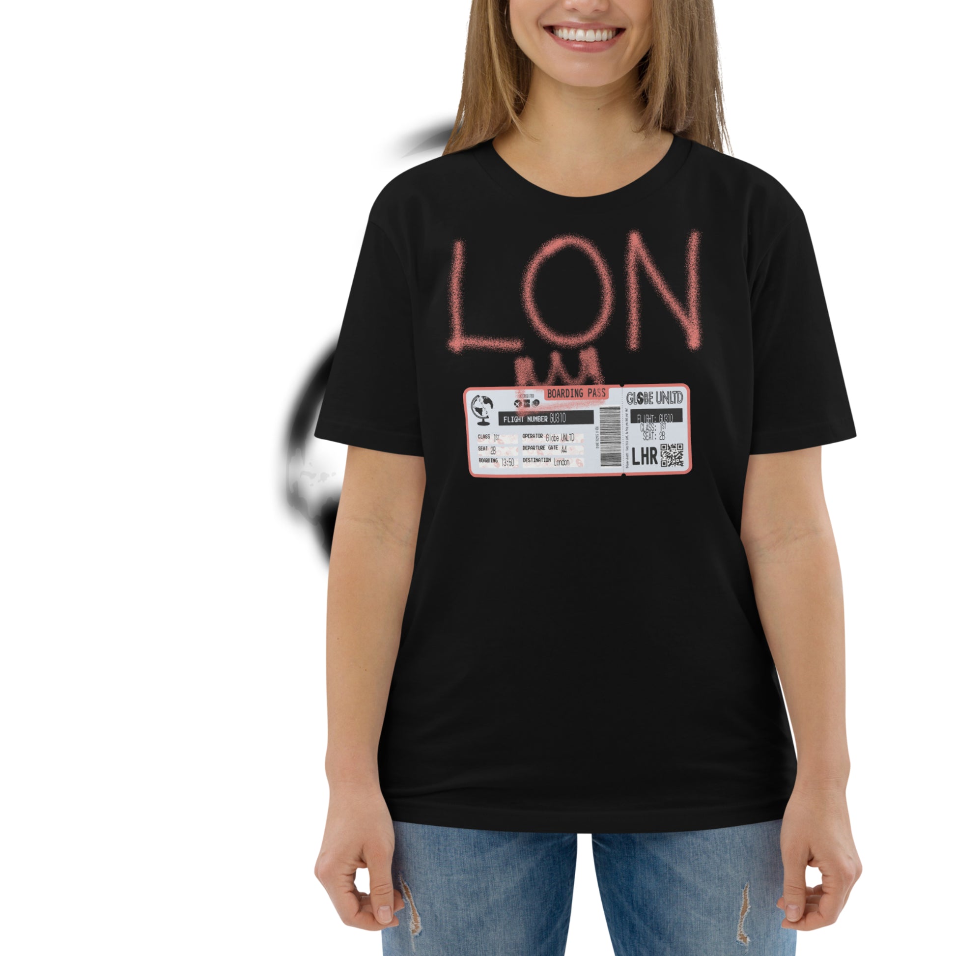 Globe UNLTD London LON Graffiti 100% Organic Cotton T-Shirt in Black. Front Facing on Model.