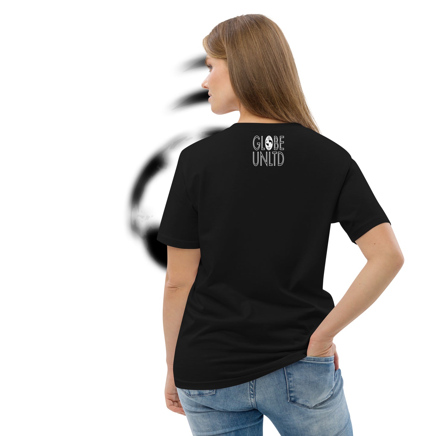 Globe UNLTD London LHR Boarding Card 100% Organic Cotton T-Shirt in Black. Back Facing on Model.