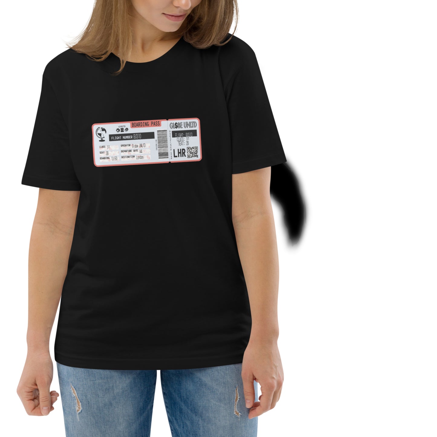 Globe UNLTD London LHR Boarding Card 100% Organic Cotton T-Shirt in Black. Front Facing on Model.