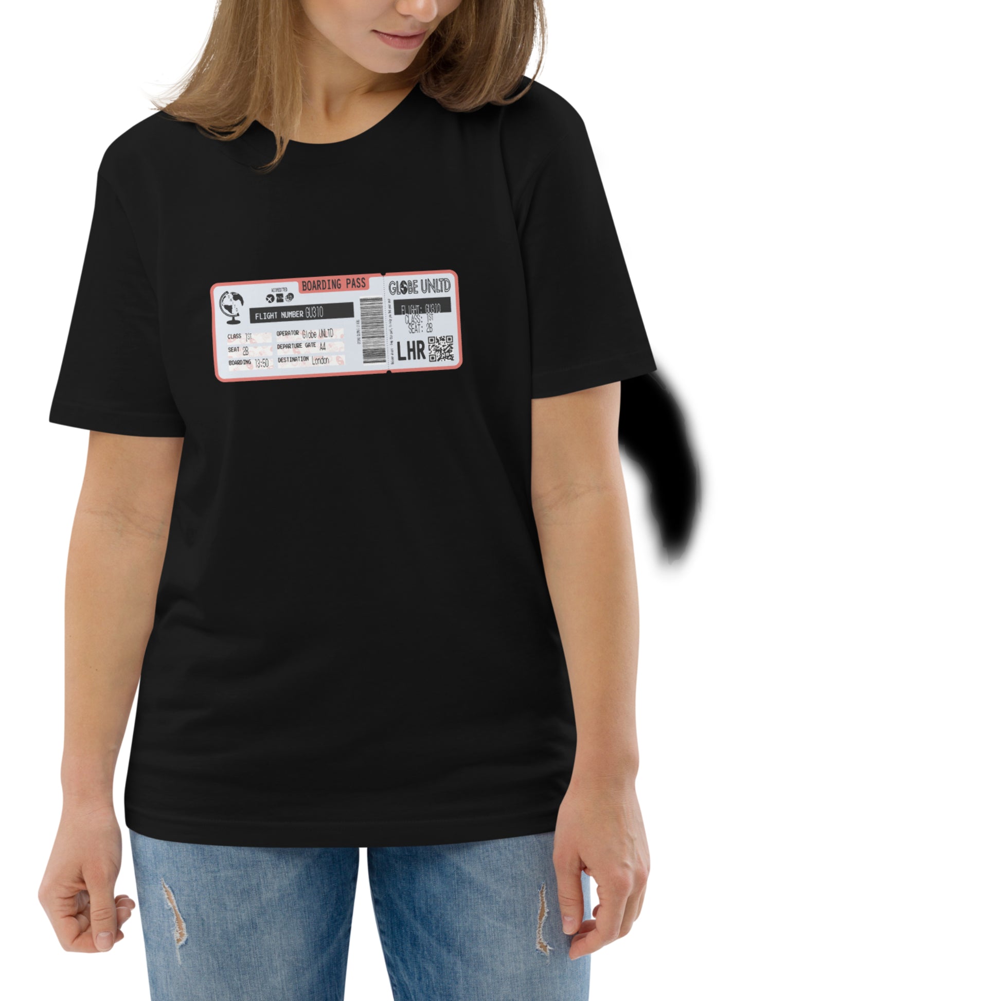 Globe UNLTD London LHR Boarding Card 100% Organic Cotton T-Shirt in Black. Front Facing on Model.