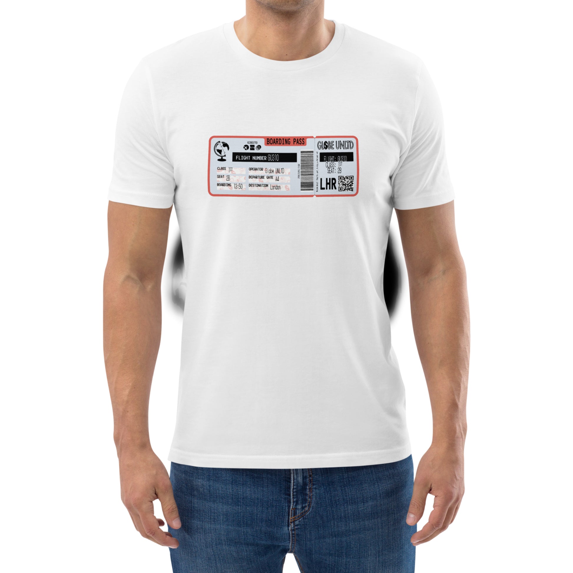 Globe UNLTD London LHR Boarding Card 100% Organic Cotton T-Shirt in White. Front Facing on Model.