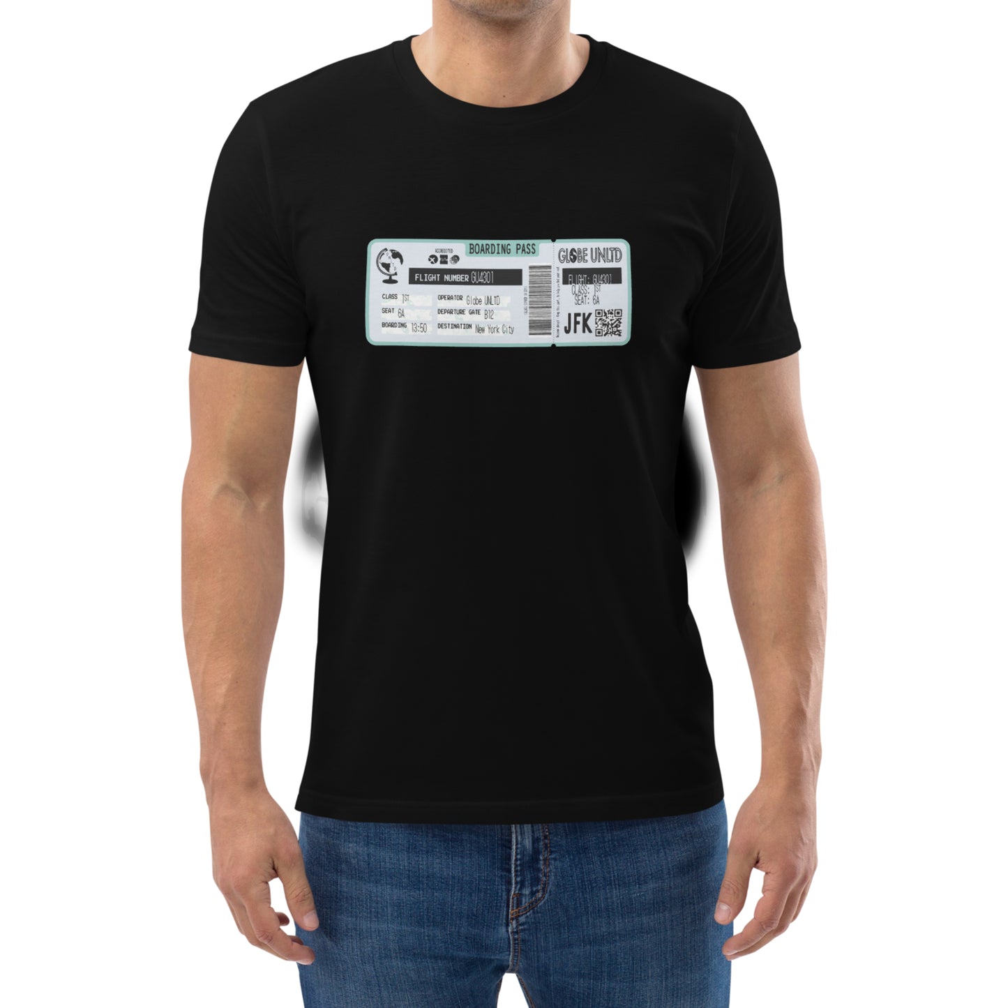 Globe UNLTD New York City JFK Boarding Card 100% Organic Cotton T-Shirt in Black. Front Facing on Model.