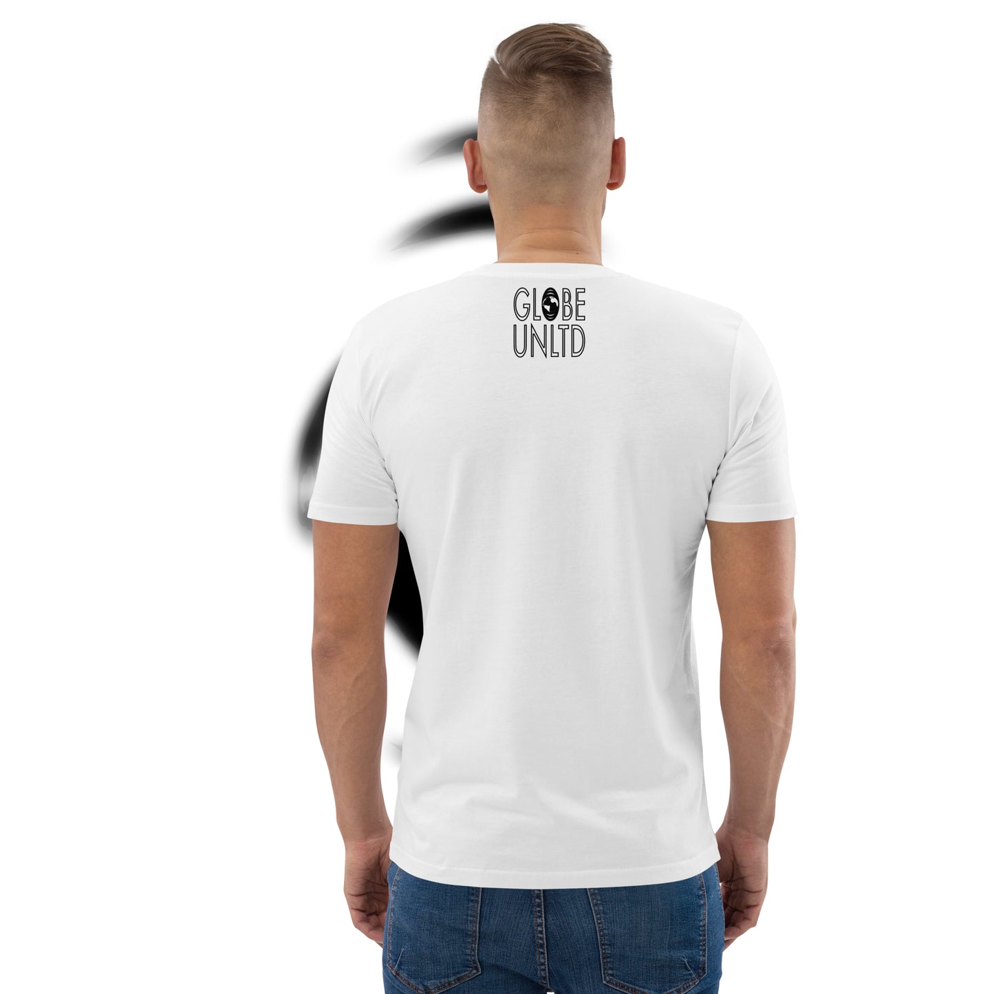 Globe UNLTD New York City JFK Boarding Card 100% Organic Cotton T-Shirt in White. Back Facing on Model.
