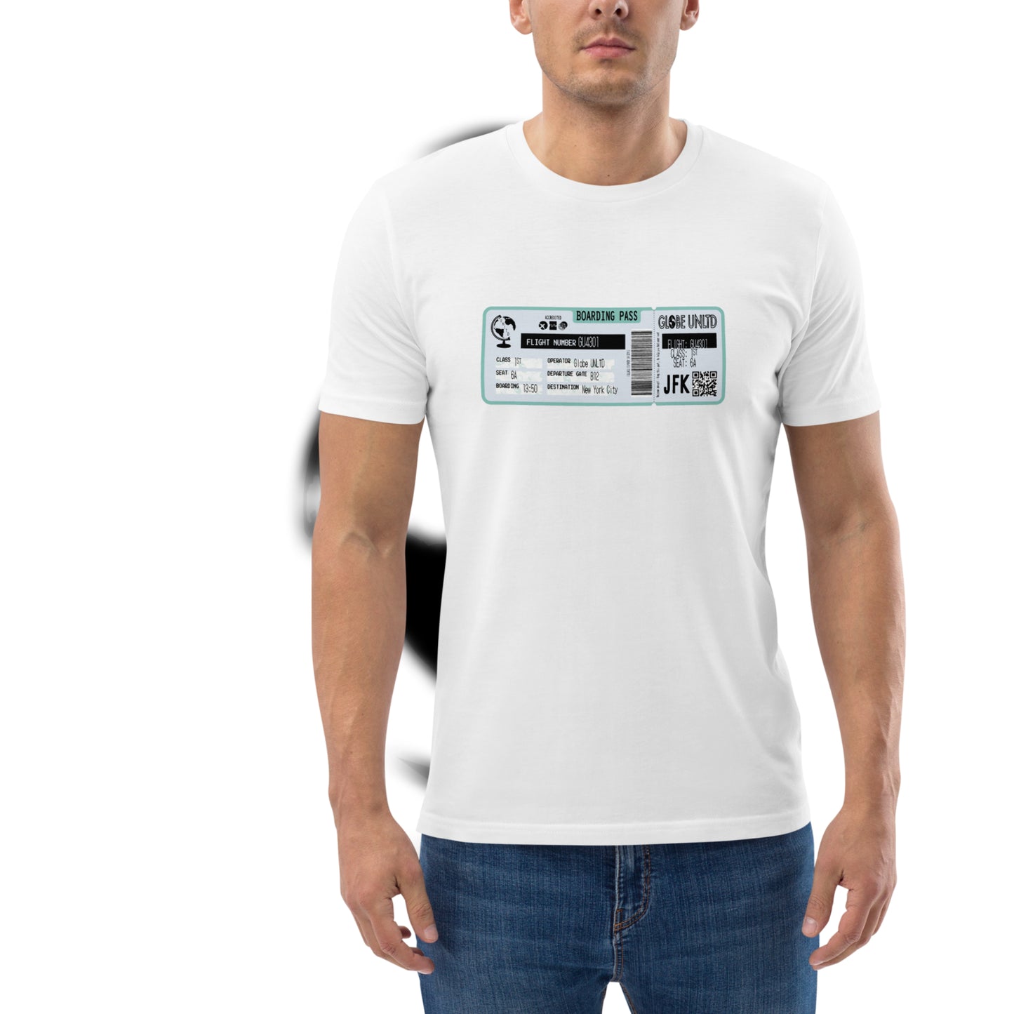 Globe UNLTD New York City JFK Boarding Card 100% Organic Cotton T-Shirt in White. Front Facing on Model.