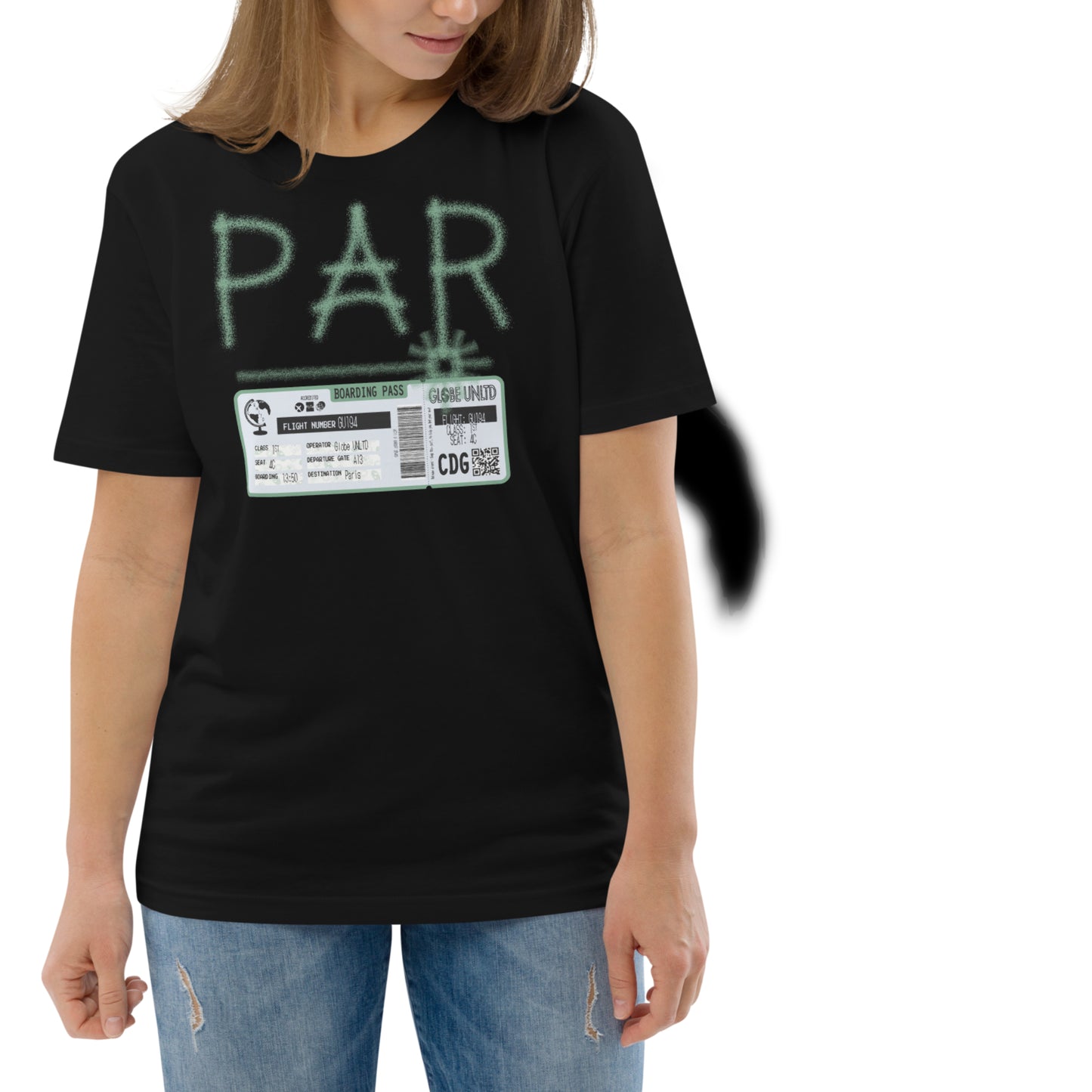 Globe UNLTD Paris PAR Graffiti 100% Organic Cotton T-Shirt in Black. Front Facing on Model.