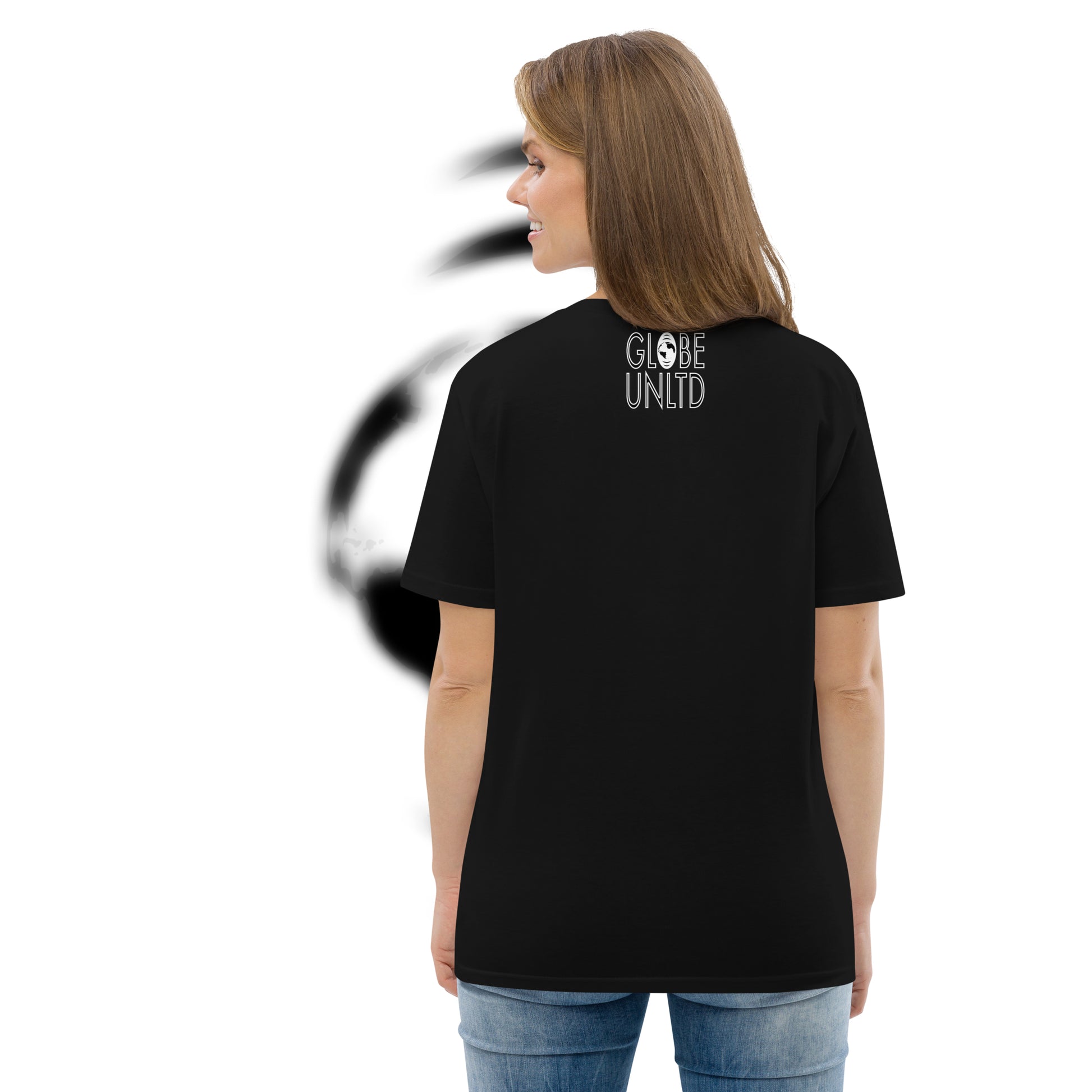 Globe UNLTD Paris CDG Boarding Card 100% Organic Cotton T-Shirt in Black. Back Facing on Model.