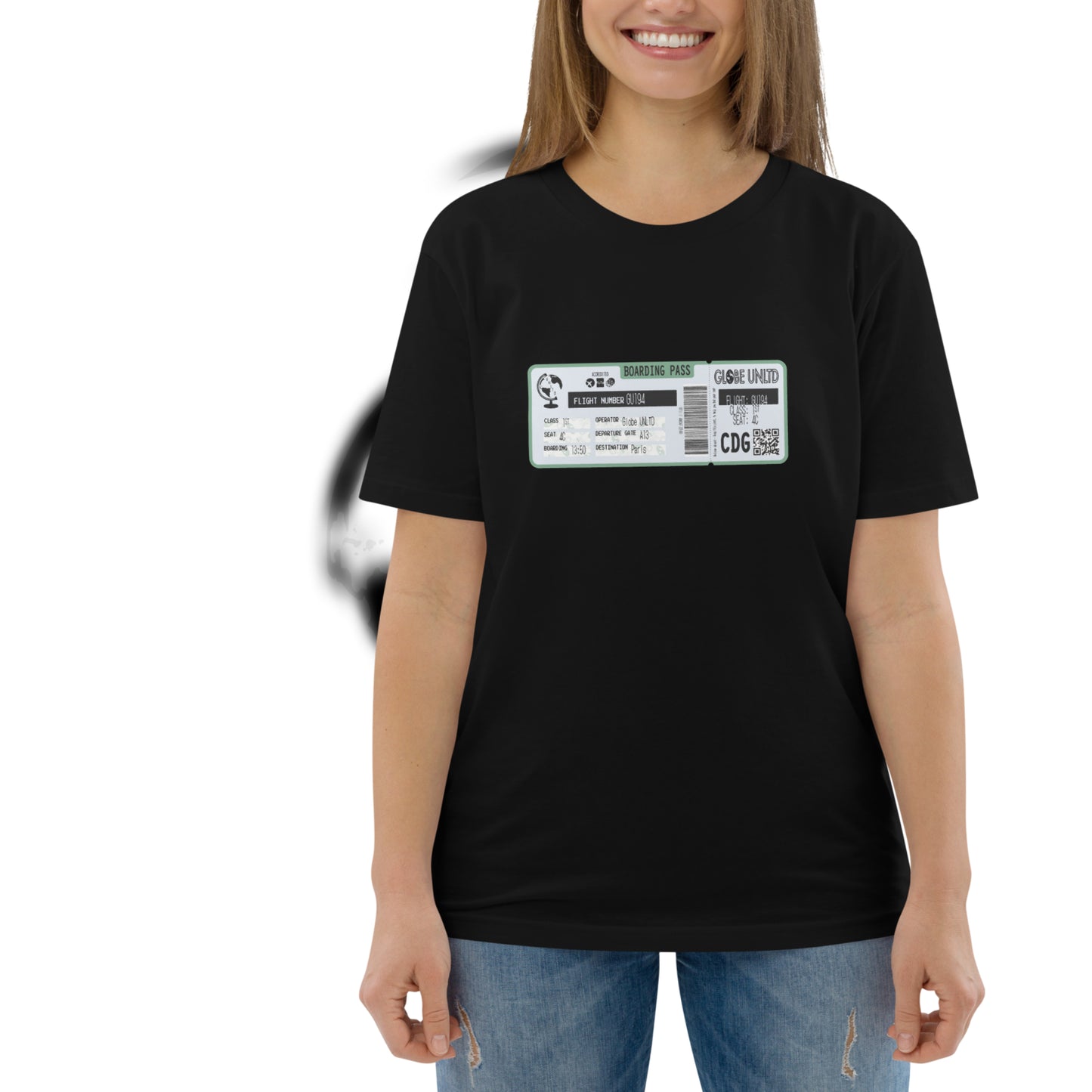 Globe UNLTD Paris CDG Boarding Card 100% Organic Cotton T-Shirt in Black. Front Facing on Model.