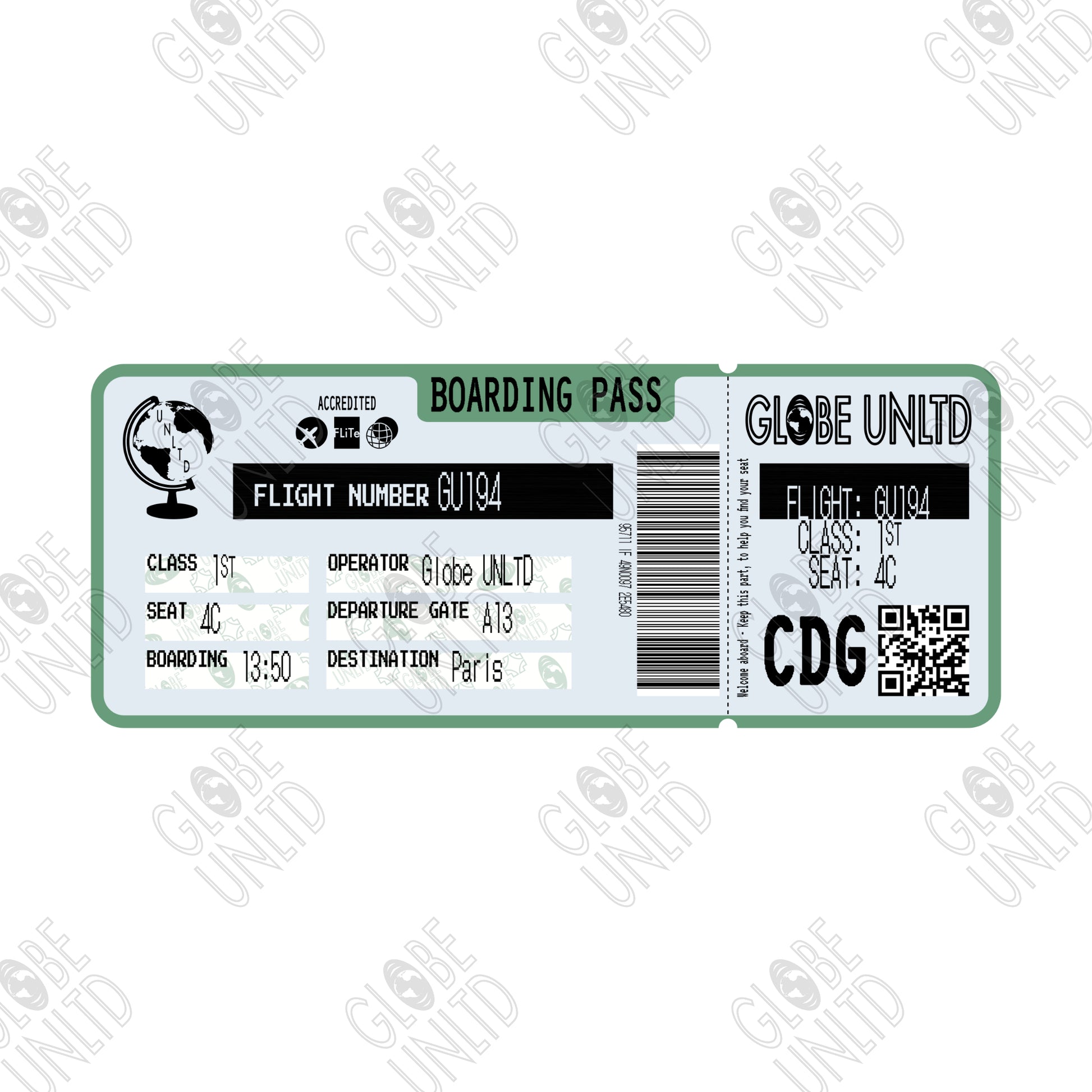 Globe UNLTD Paris CDG Boarding Card Graphic.
