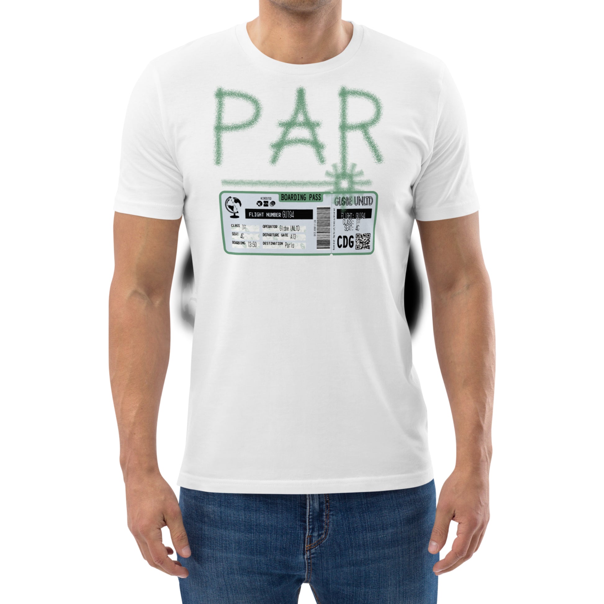 Globe UNLTD Paris PAR Graffiti 100% Organic Cotton T-Shirt in White. Front Facing on Model.