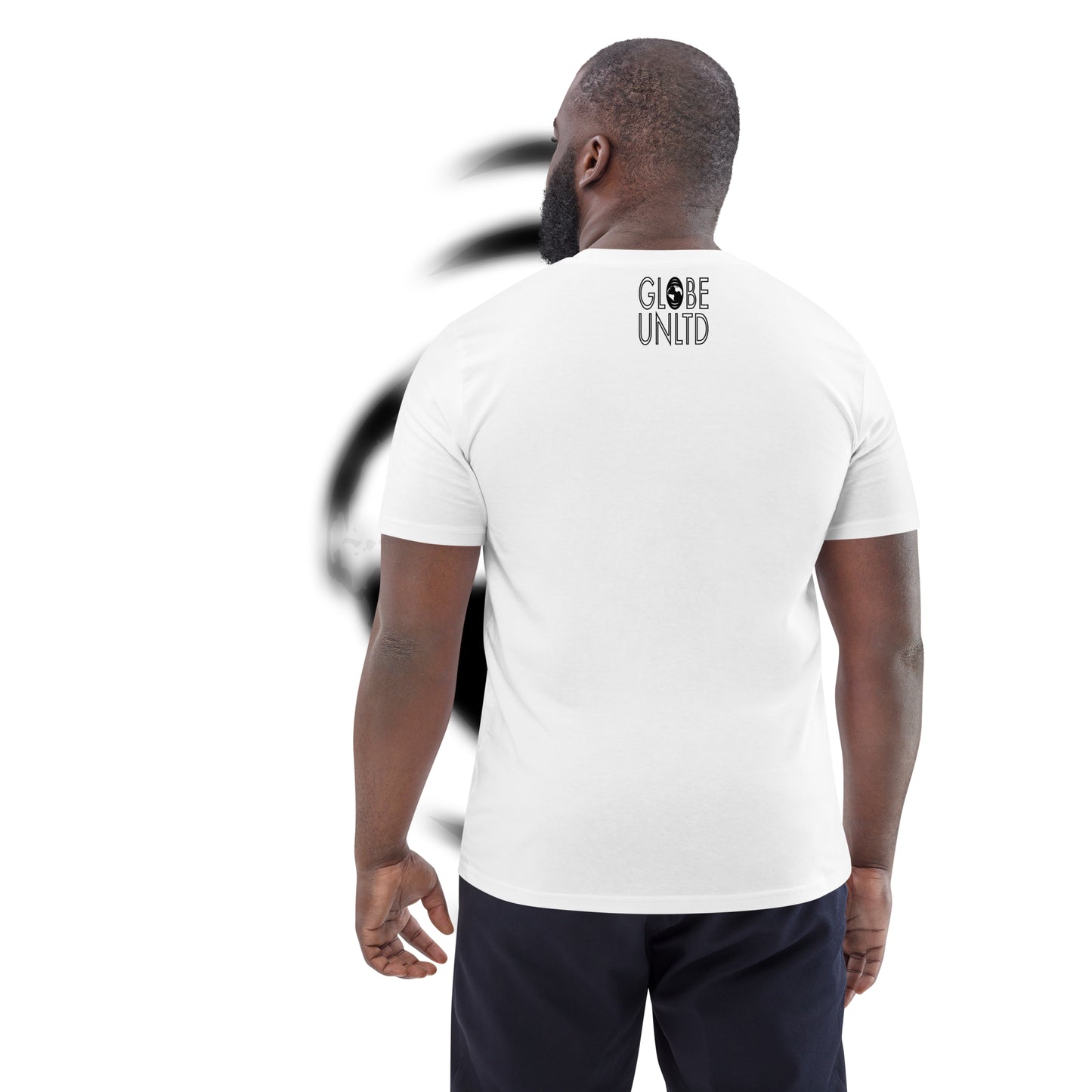 Globe UNLTD Paris CDG Boarding Card 100% Organic Cotton T-Shirt in White. Back Facing on Model.