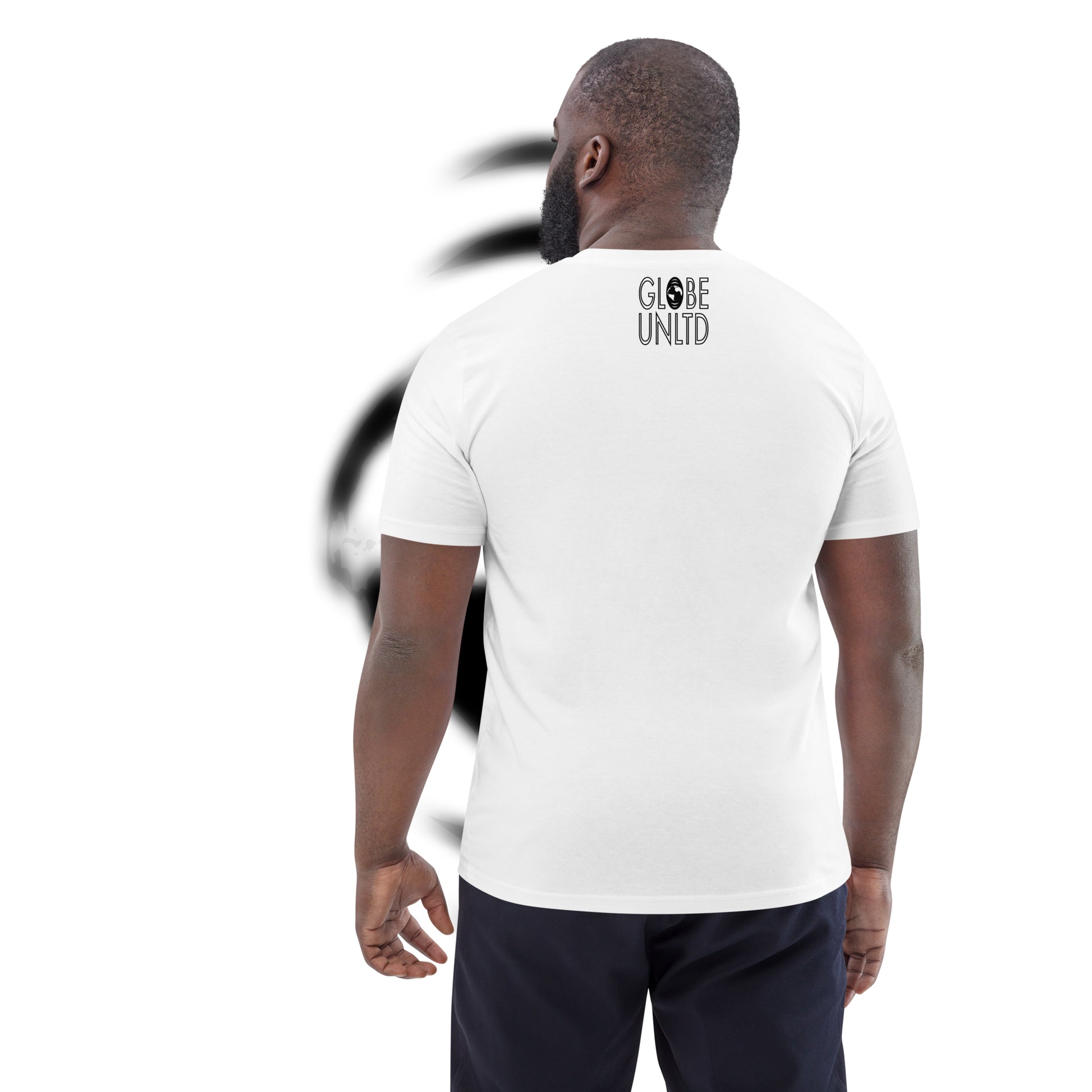 Globe UNLTD Paris CDG Boarding Card 100% Organic Cotton T-Shirt in White. Back Facing on Model.