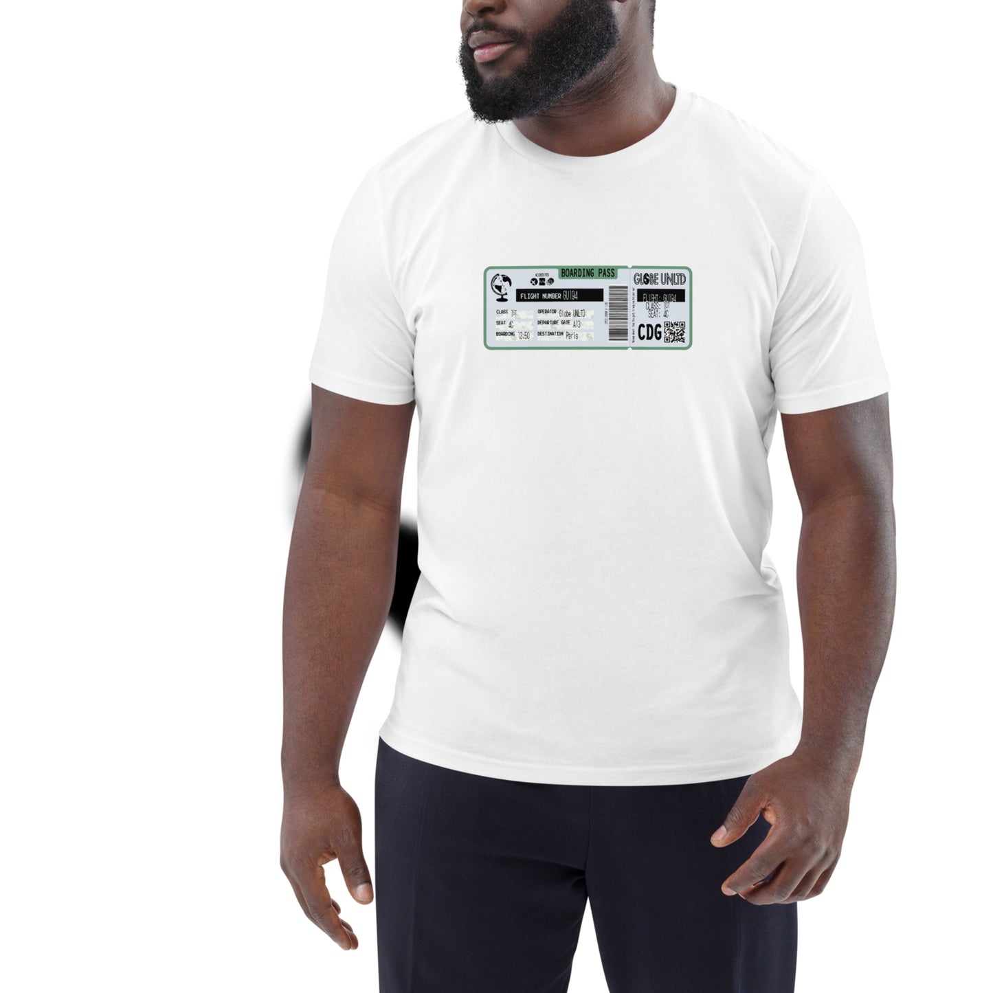 Globe UNLTD Paris CDG Boarding Card 100% Organic Cotton T-Shirt in White. Front Facing on Model.
