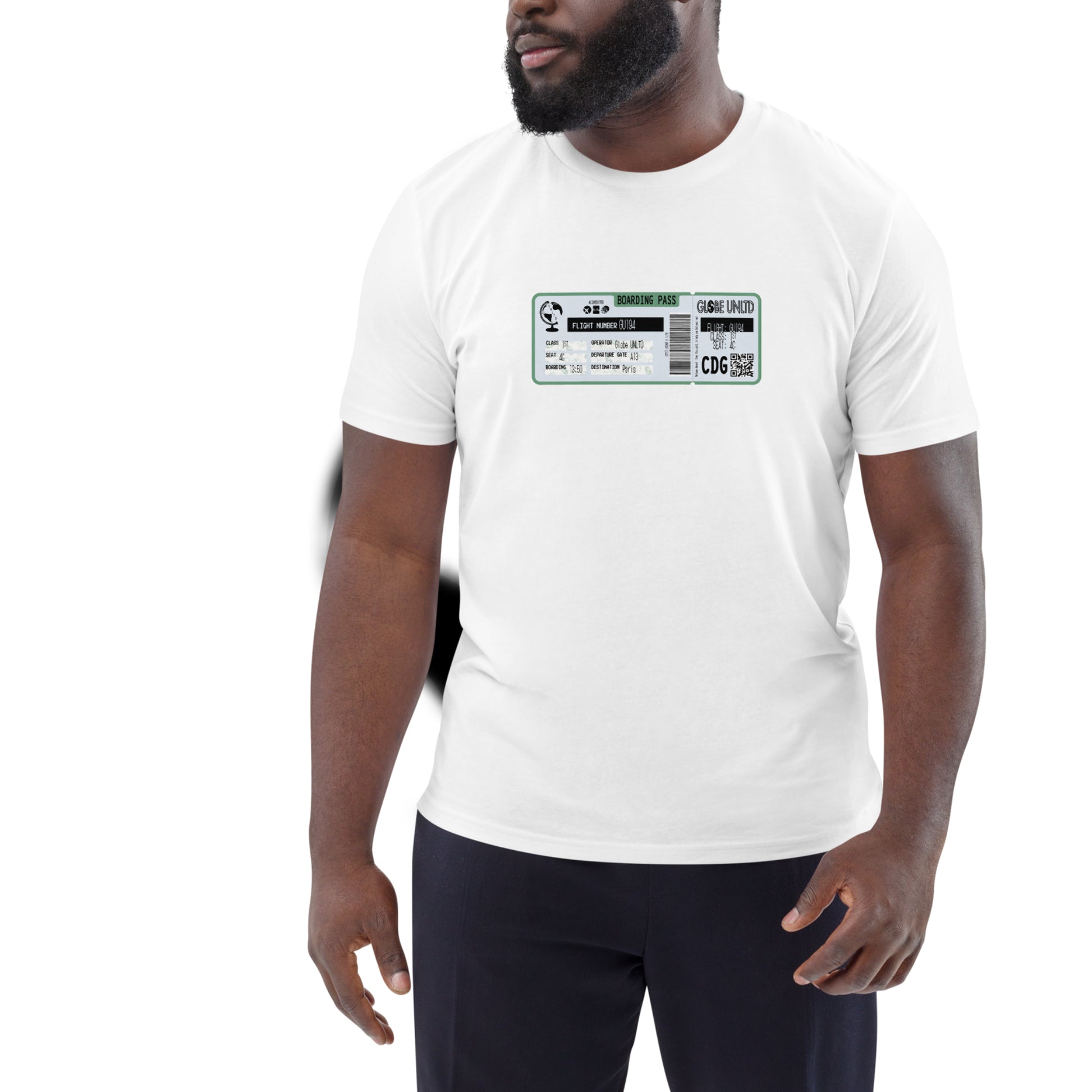 Globe UNLTD Paris CDG Boarding Card 100% Organic Cotton T-Shirt in White. Front Facing on Model.