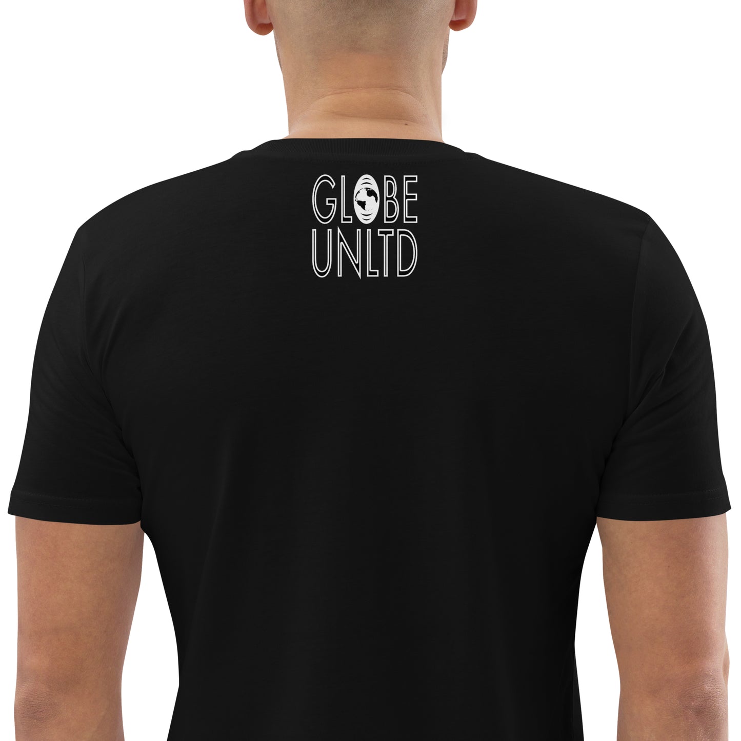 Globe UNLTD Tokyo TYO Graffiti 100% Organic Cotton T-Shirt in Black. Back Facing on Model.