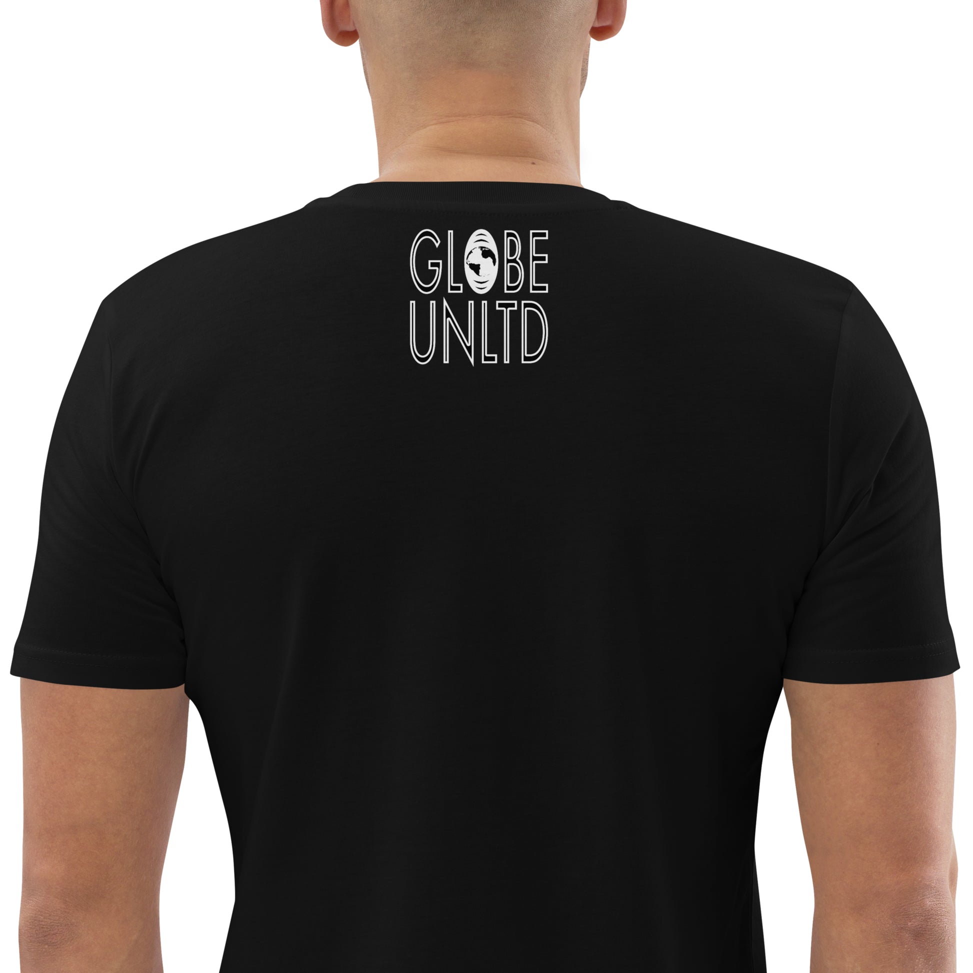 Globe UNLTD Tokyo TYO Graffiti 100% Organic Cotton T-Shirt in Black. Back Facing on Model.