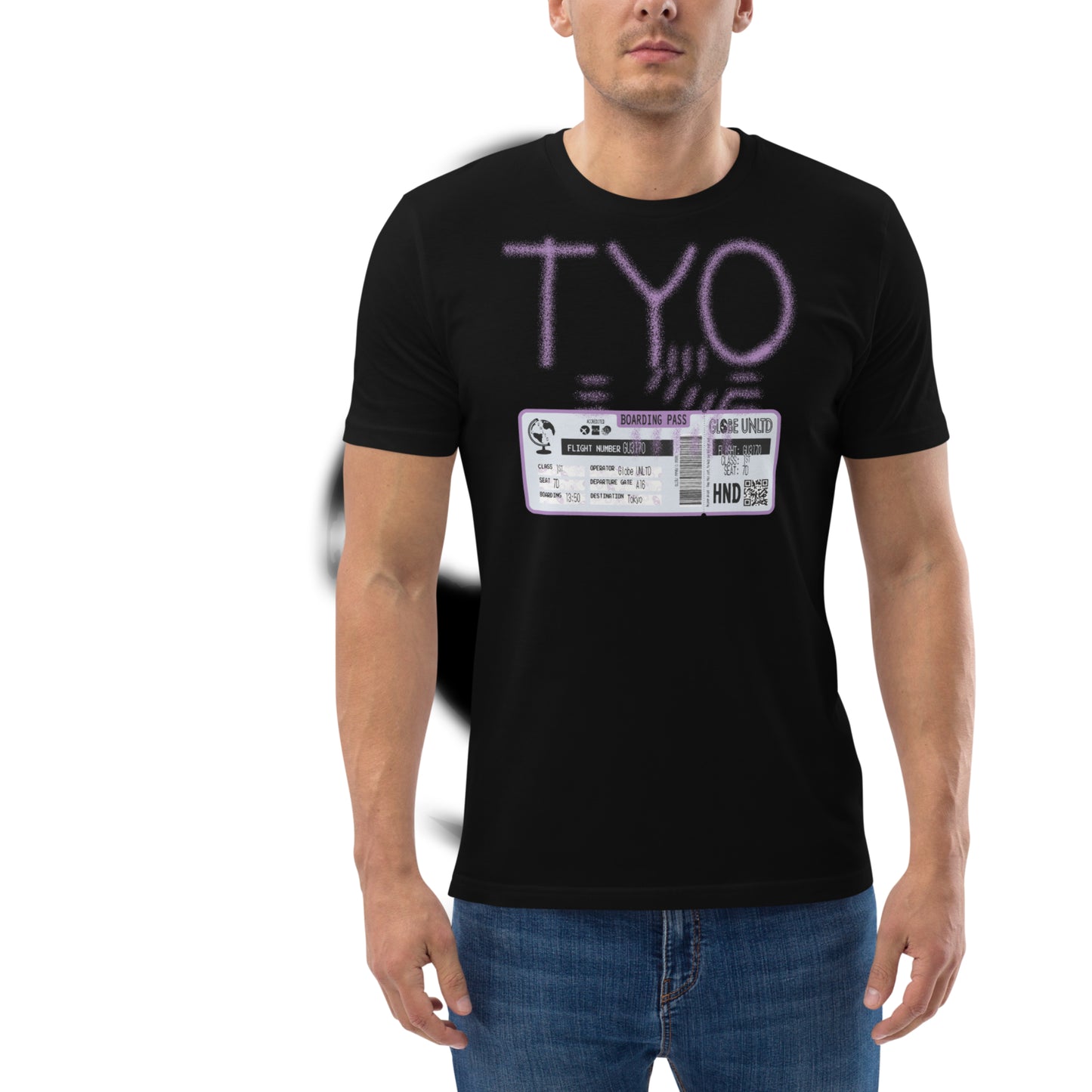 Globe UNLTD Tokyo TYO Graffiti 100% Organic Cotton T-Shirt in Black. Front Facing on Model.