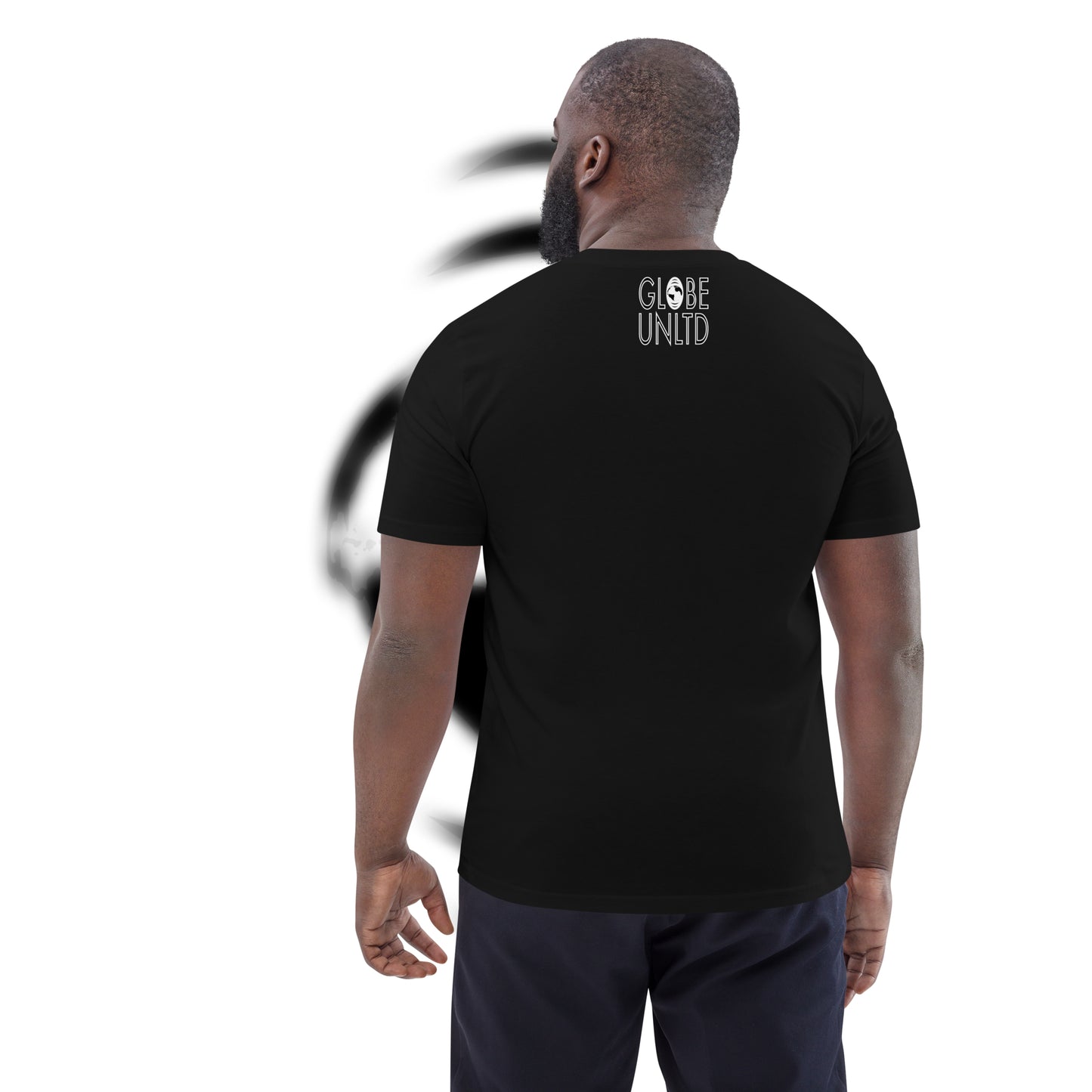 Globe UNLTD Tokyo HND Boarding Card 100% Organic Cotton T-Shirt in Black. Back Facing on Model.
