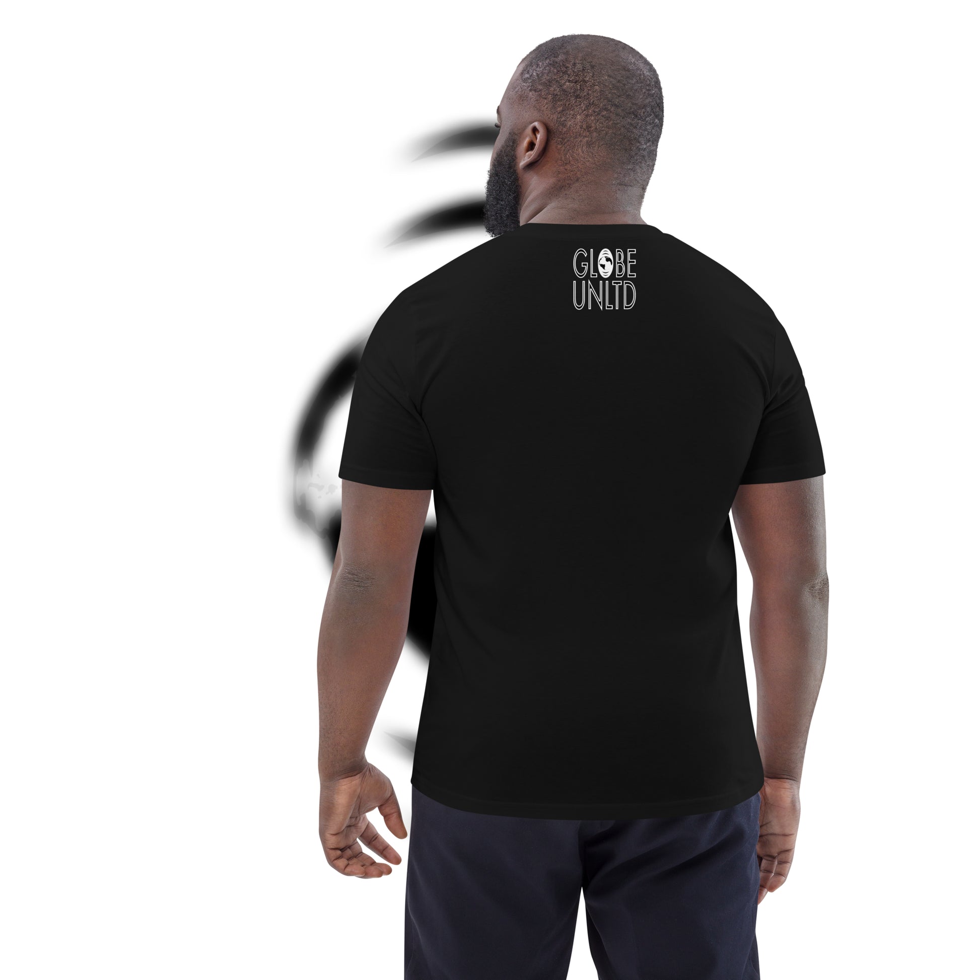 Globe UNLTD Tokyo HND Boarding Card 100% Organic Cotton T-Shirt in Black. Back Facing on Model.