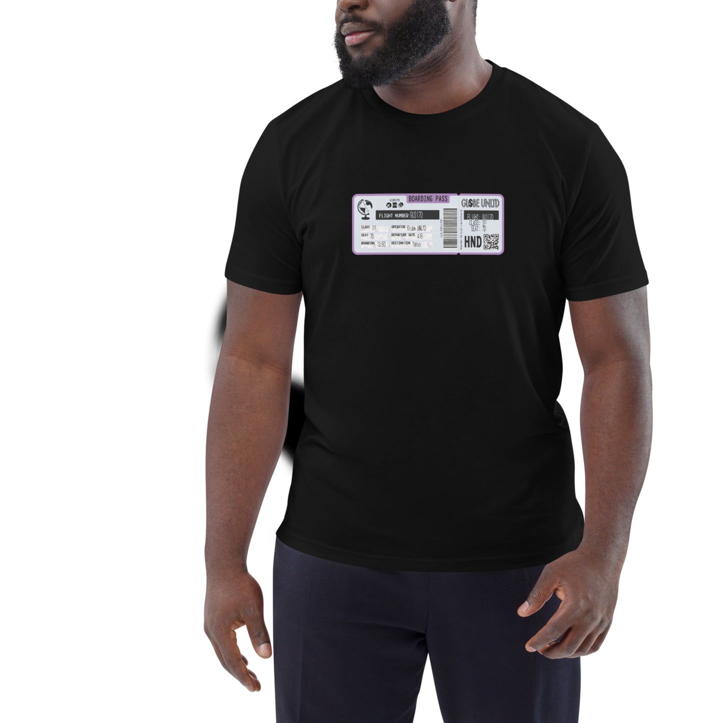 Globe UNLTD Tokyo HND Boarding Card 100% Organic Cotton T-Shirt in Black. Front Facing on Model.