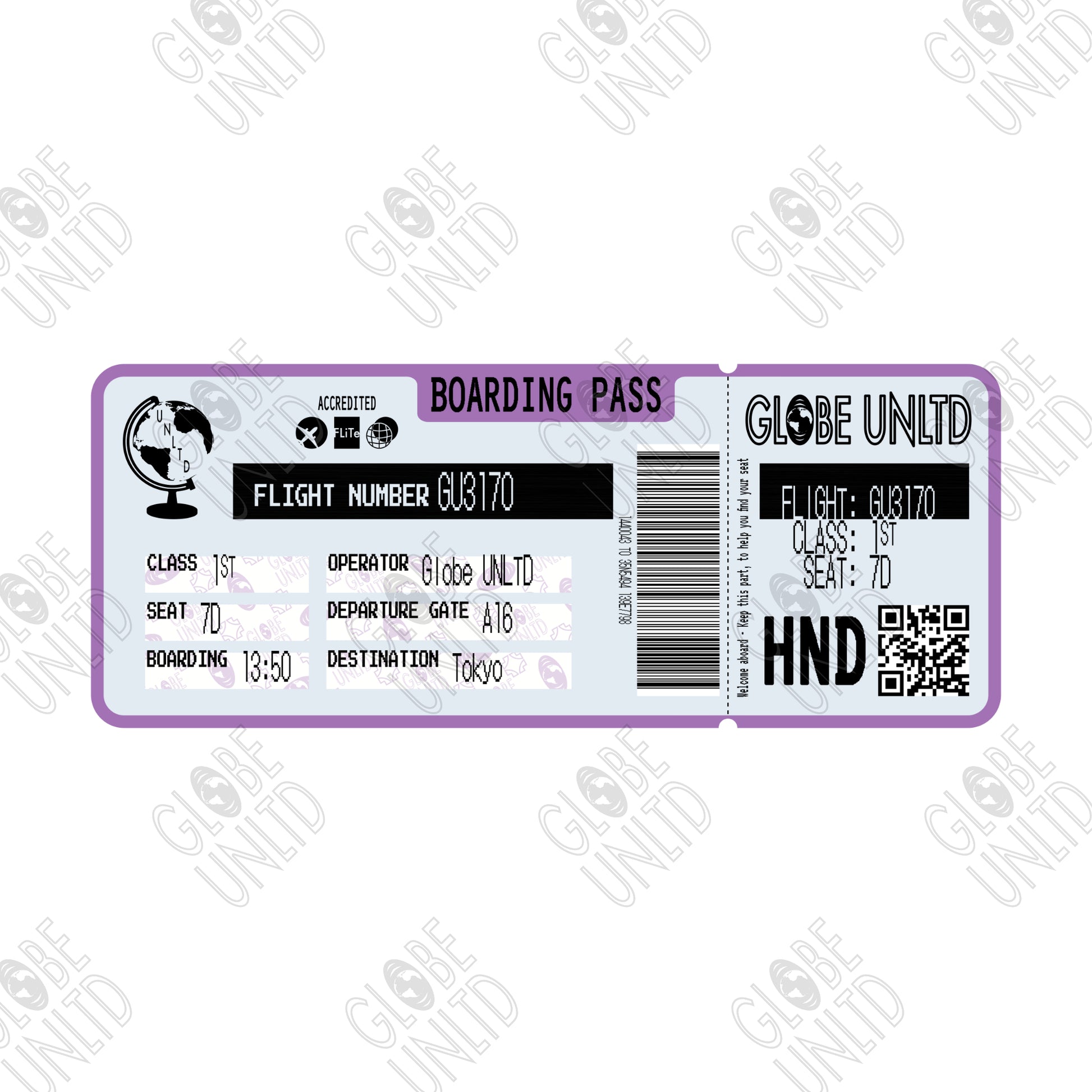 Globe UNLTD Tokyo HND Boarding Card Graphic.