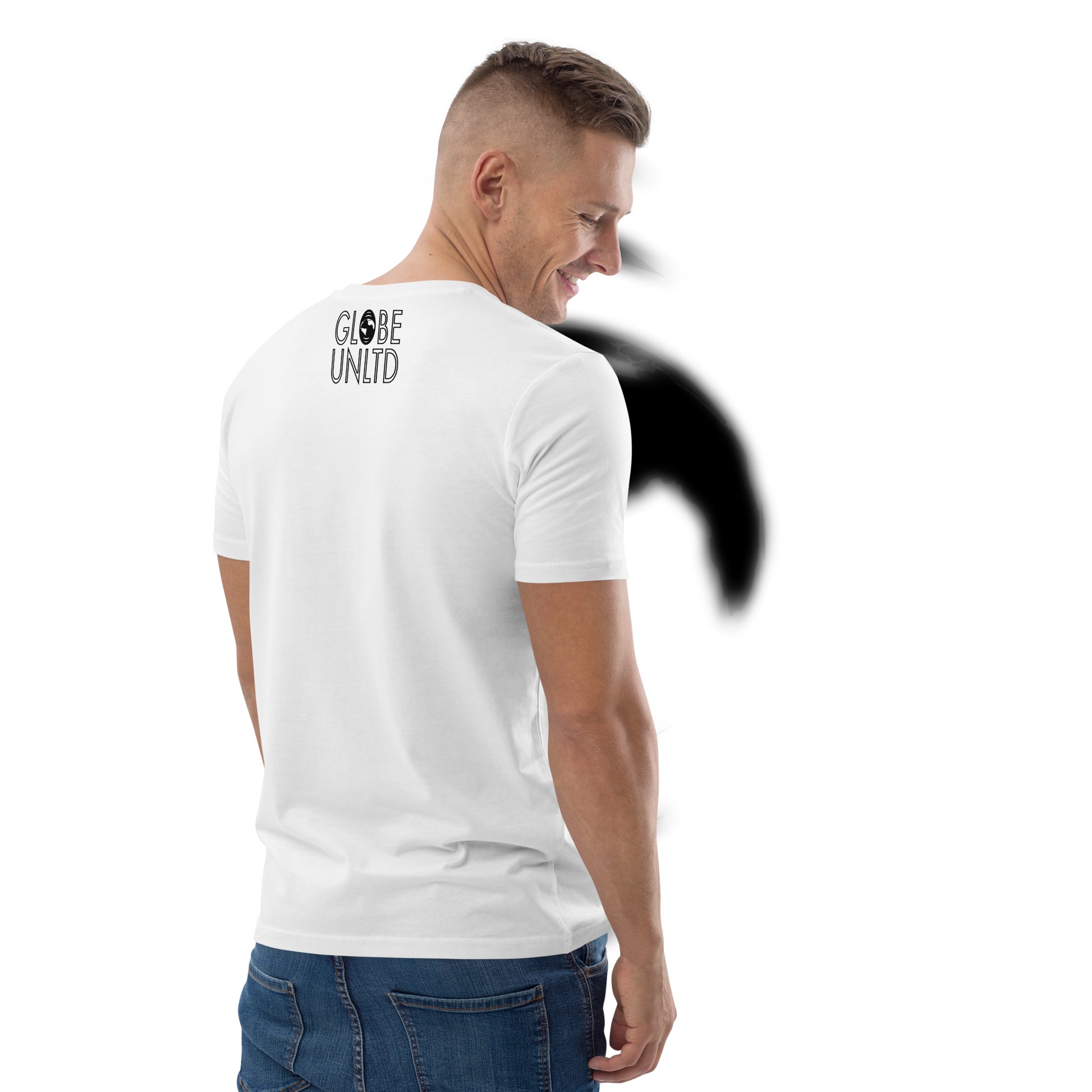 Globe UNLTD Tokyo HND Boarding Card 100% Organic Cotton T-Shirt in White. Back Facing on Model.