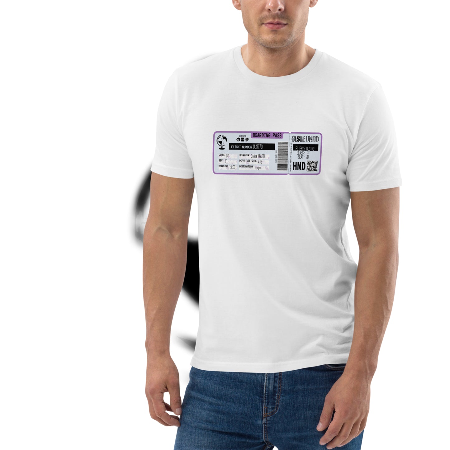 Globe UNLTD Tokyo HND Boarding Card 100% Organic Cotton T-Shirt in White. Front Facing on Model.