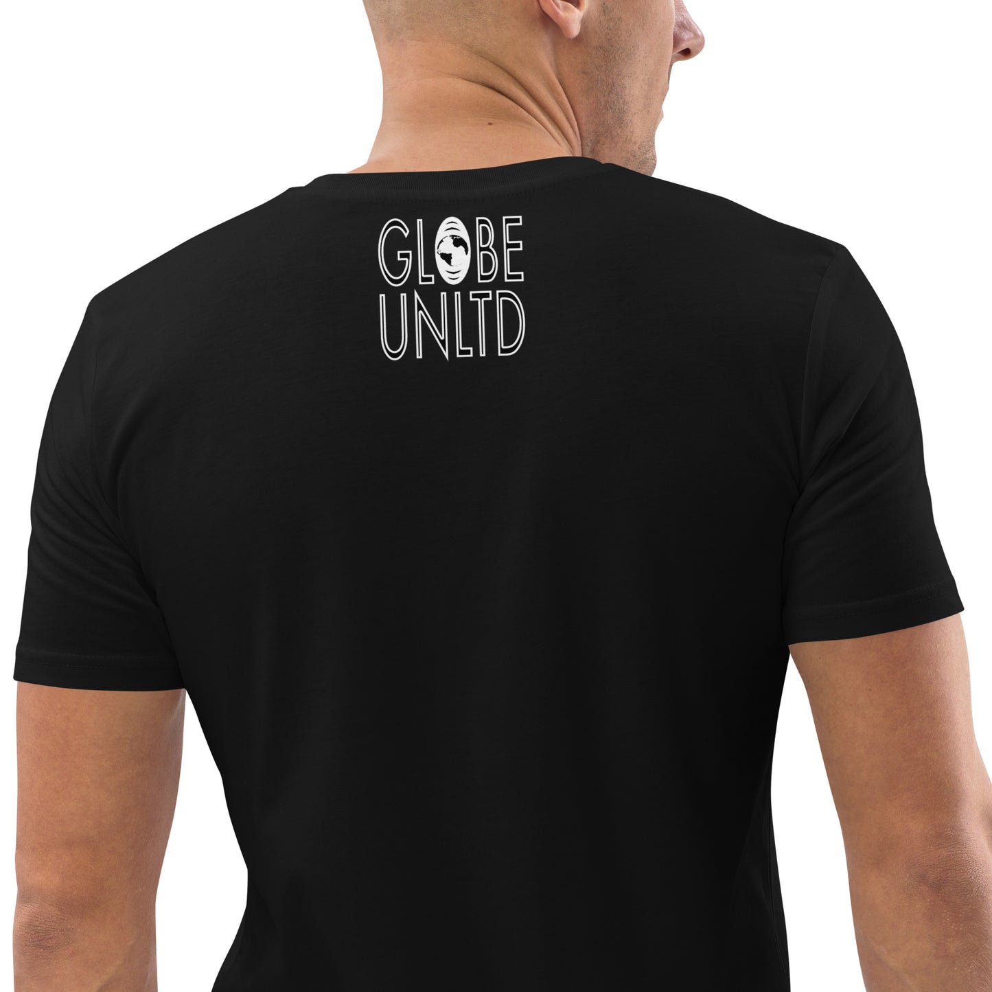 Globe UNLTD Barcelona BCN Graffiti 100% Organic Cotton T-Shirt in Black. Back Facing on Model.