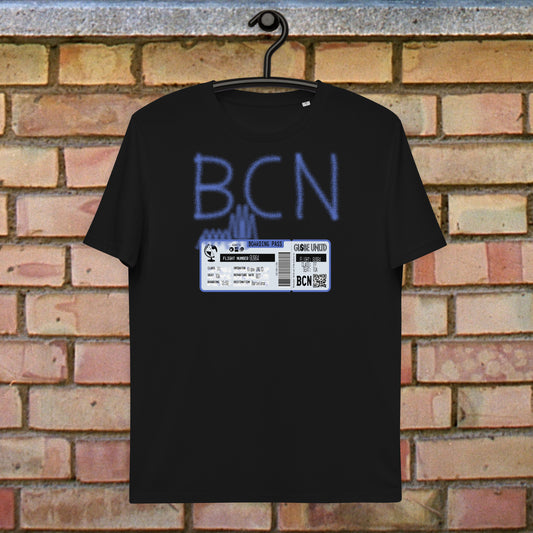 Globe UNLTD Barcelona BCN Graffiti 100% Organic Cotton T-Shirt in Black. Front Facing on Clothes Hanger.