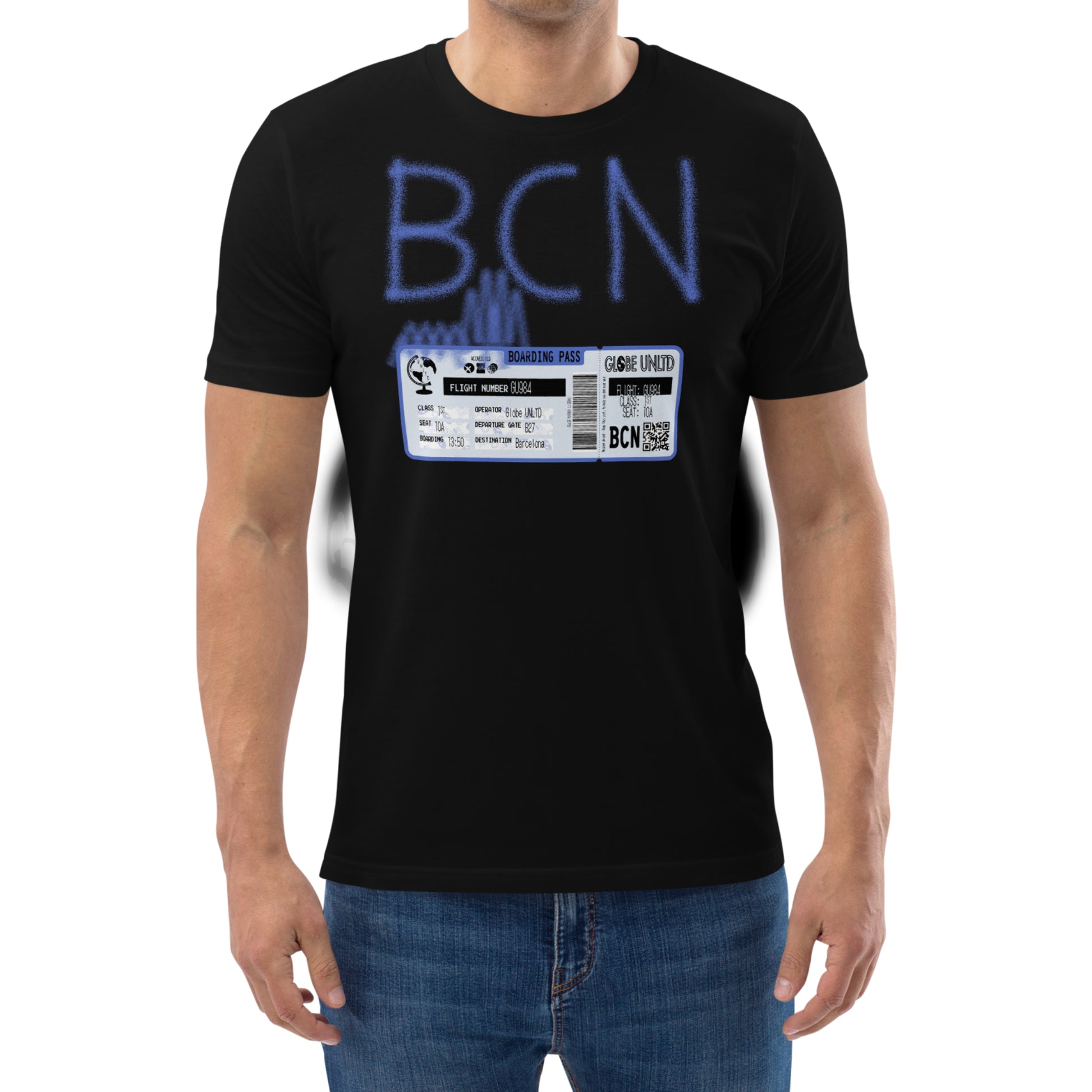 Globe UNLTD Barcelona BCN Graffiti 100% Organic Cotton T-Shirt in Black. Front Facing on Model.