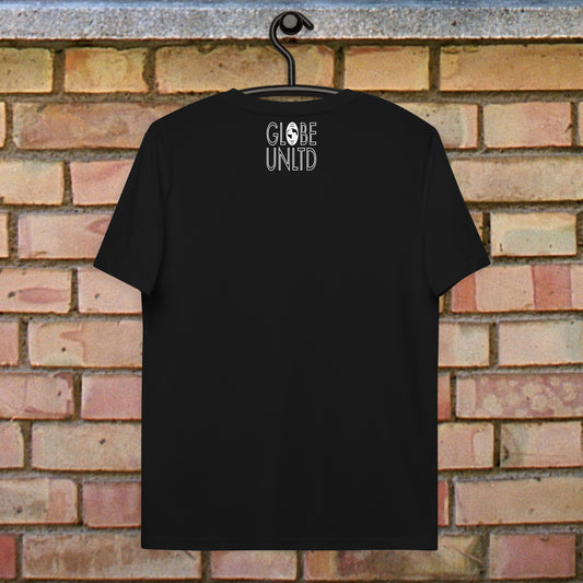 Globe UNLTD Barcelona BCN Graffiti 100% Organic Cotton T-Shirt in Black. Back Facing on Clothes Hanger.