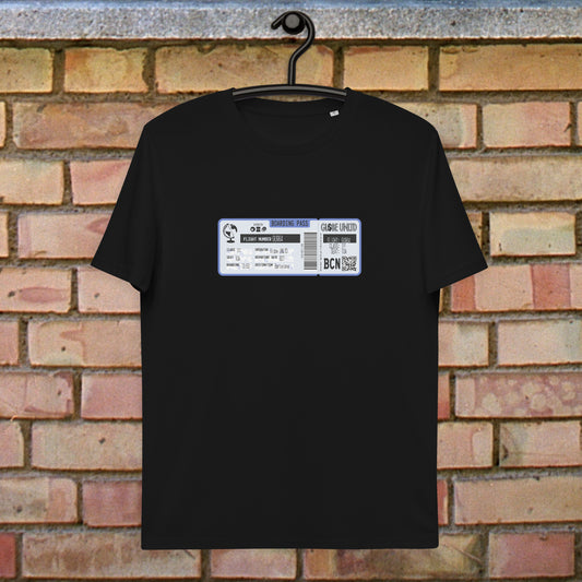 Globe UNLTD Barcelona BCN Boarding Card 100% Organic Cotton T-Shirt in Black. Front Facing on Clothes Hanger.