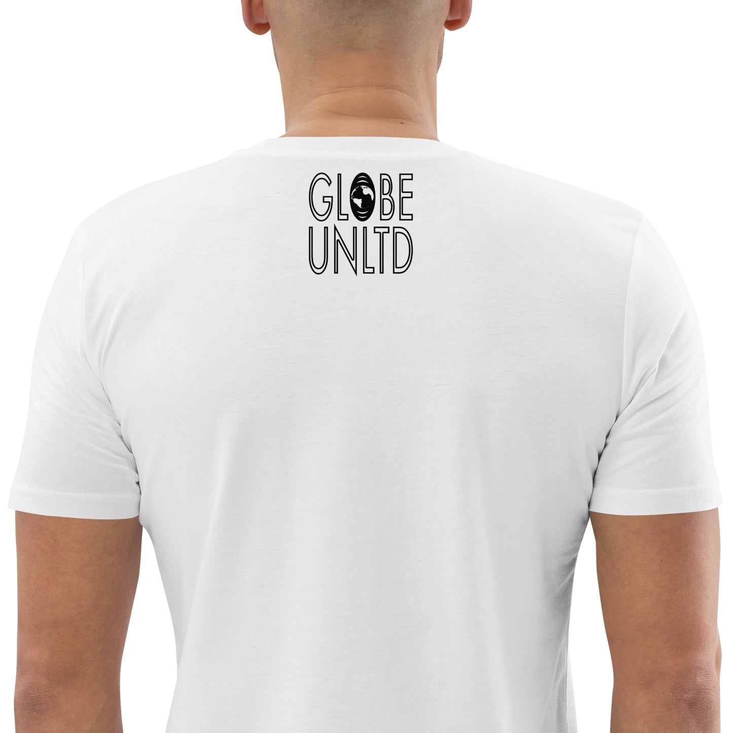 Globe UNLTD Barcelona BCN Graffiti 100% Organic Cotton T-Shirt in White. Back Facing on Model.