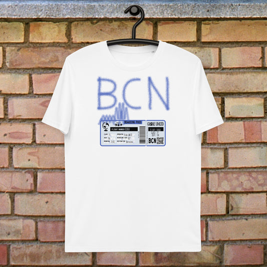 Globe UNLTD Barcelona BCN Graffiti 100% Organic Cotton T-Shirt in White. Front Facing on Clothes Hanger.