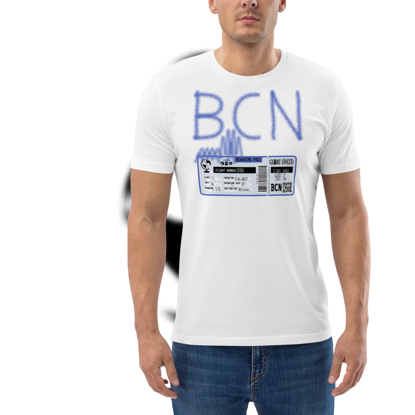Globe UNLTD Barcelona BCN Graffiti 100% Organic Cotton T-Shirt in White. Front Facing on Model.